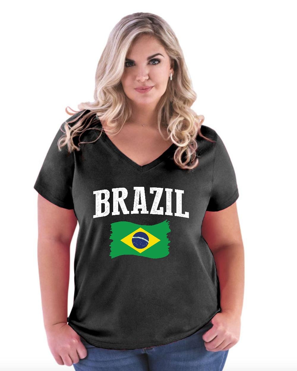 Brazil Flag V-Neck T-Shirt for Women - Plus Size & Curvy Fit - Soft Cotton Travel & Vacation Tee - Perfect for Beach Trips, Summer Outfits & Patriotic Gifts