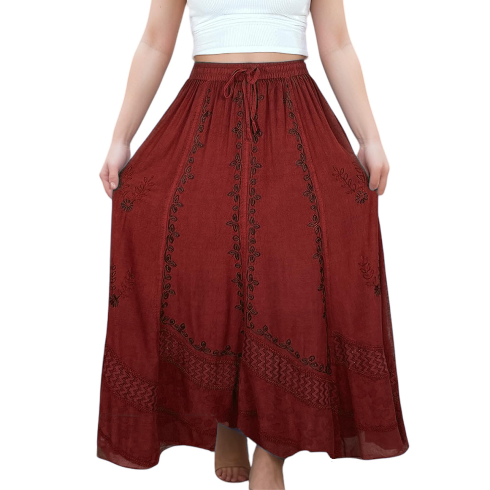 2025 Spring Women's Boho Flare Maxi Skirt with Elastic Waistband & Renaissance Embroidery | Agan Traders Long Bohemian Skirt for Festival, Beach, and Casual Wear
