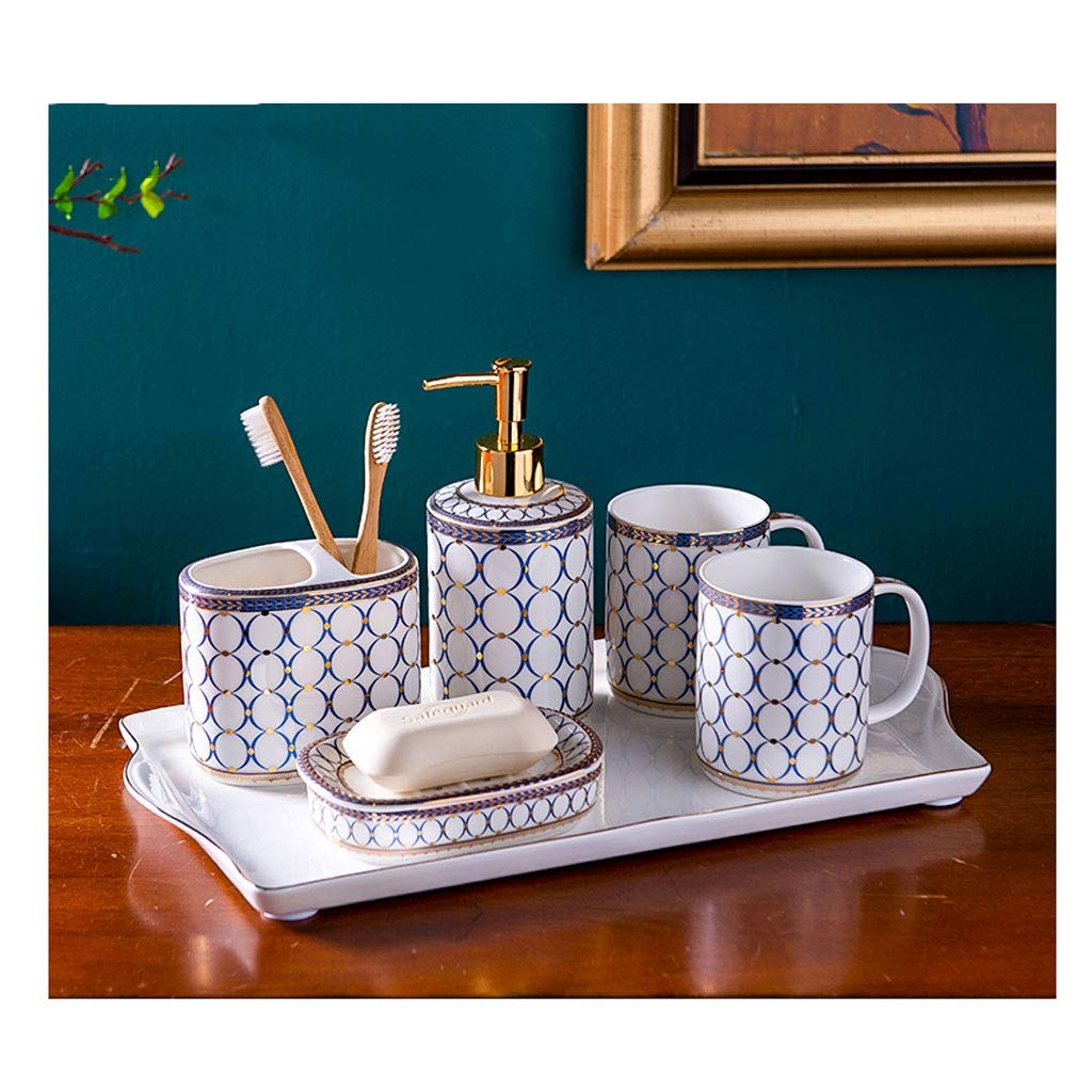 Premium 6-Piece Ceramic Bathroom Set - European Style Soap Dispenser, Toothbrush Holder & Mouthwash Cup | Elegant Toiletry Organizer for Sink Countertop | Refillable Liquid Hand Soap Dispenser (Color C) - Perfect for Guest Bathrooms, Master Suites & Spa-Like Vanities