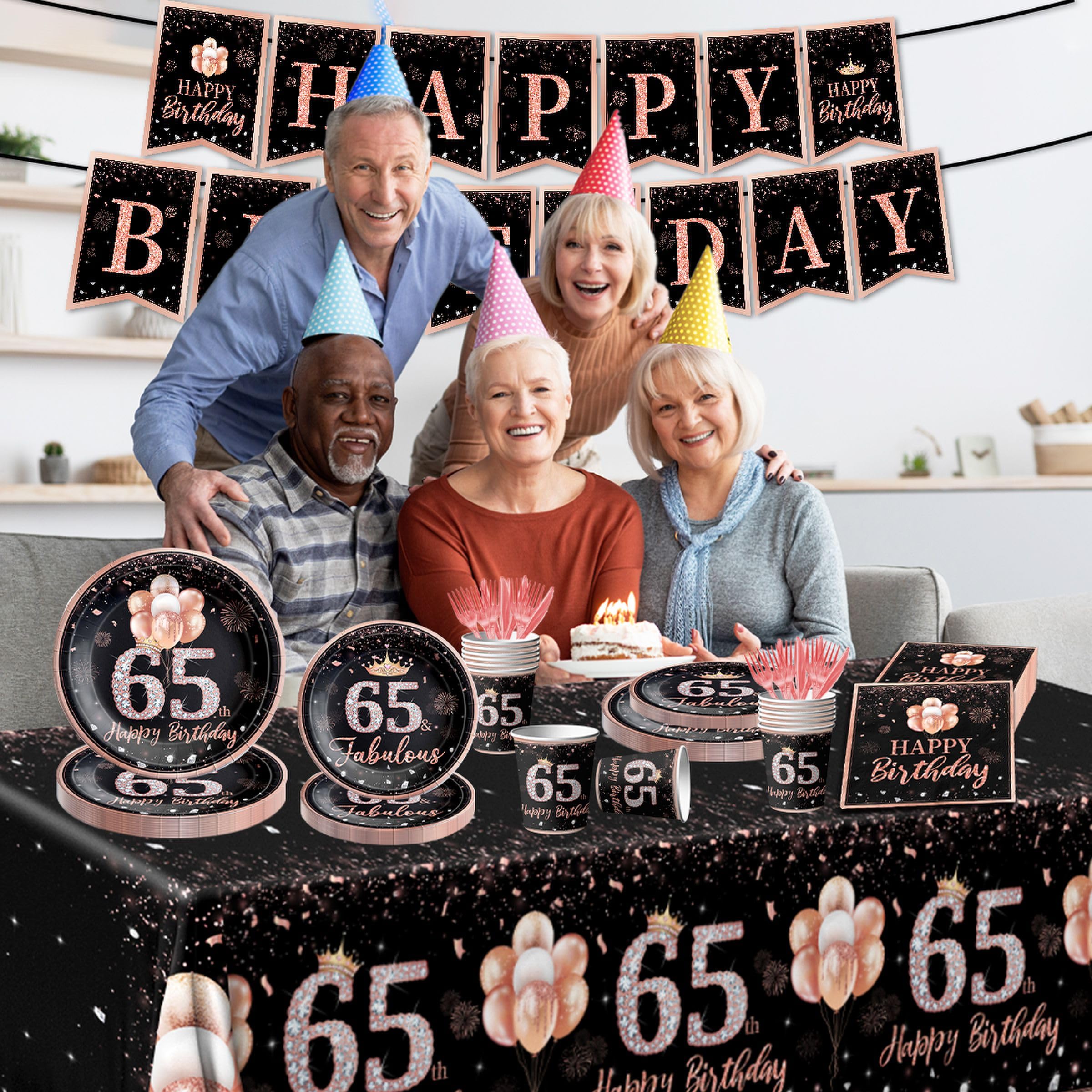 142Pcs Rose Gold 65th Birthday Party Tableware Set - Disposable Tablecloth, Plates, Napkins, Cups, Forks & Knives - Elegant Women's 65th Birthday Decorations - Perfect for Milestone Celebrations, Retirement Parties & Special Occasions