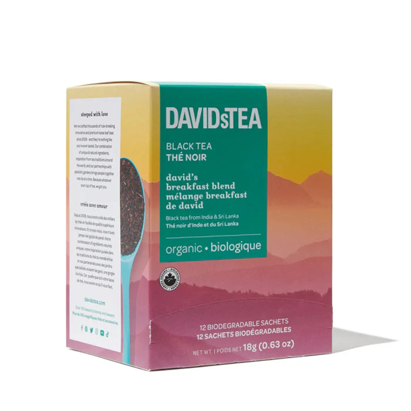 Organic Breakfast Blend Tea Bags by David's Tea | 12 Pack | Caffeinated Black Tea for Morning Energy & Focus | Perfect for Home, Office, or Travel
