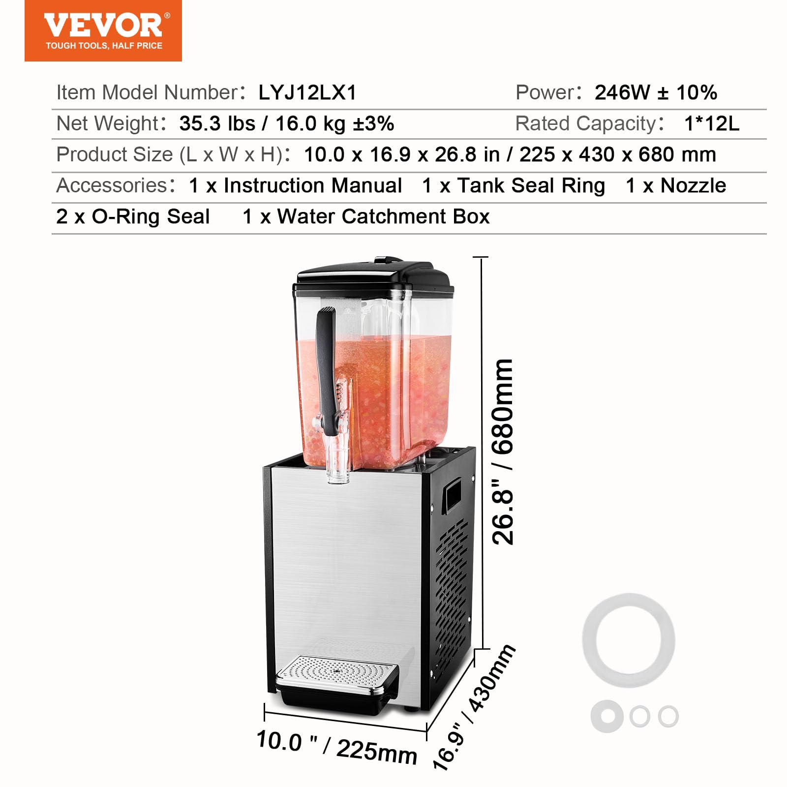 VEVOR 12L (12.7QT) Commercial Beverage Dispenser - 304 Stainless Steel Food Grade Juice & Iced Tea Machine with 45°F-54°F Cooling - Perfect for Restaurants, Bars, Parties & Catering Events - Cold Drink Dispenser for Lemonade, Iced Coffee & Cocktails