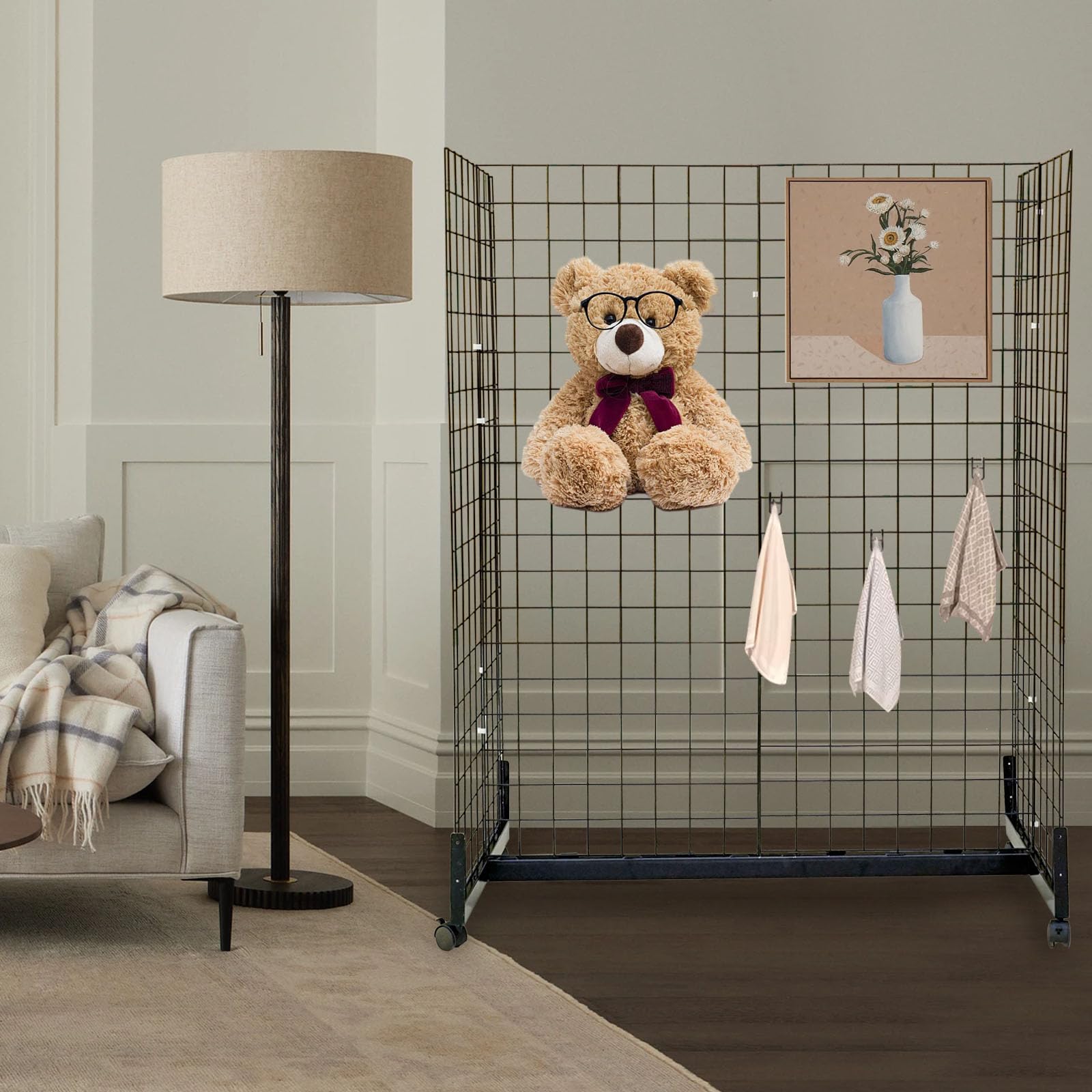 Wire Grid Wall Display Rack with Rolling Base - Adjustable Floor Standing Retail Display Panel for Supermarkets & Shops - Perfect for Art, Clothing, and Product Organization - Includes Extra Hooks for Versatile Merchandising