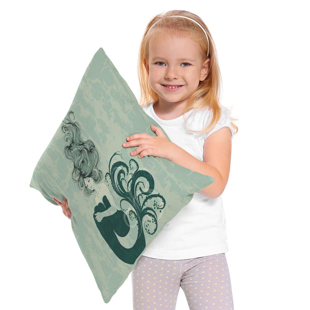 Mermaid Decorative Throw Pillow Cover - 18x18 Inch Blue Cotton Linen Square Cushion Case for Sofa, Bed, Living Room - Perfect for Coastal, Nautical & Mermaid-Themed Home Decor