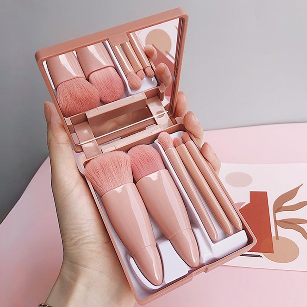 BESTOTTAM 5-Piece Travel Makeup Brush Set - Professional Compact Makeup Brushes with Mirror Case, Portable Cosmetic Brushes for Eyeshadow, Powder, Foundation & Blush | Perfect for On-the-Go Touchups, Travel Cosmetics & Everyday Makeup Application