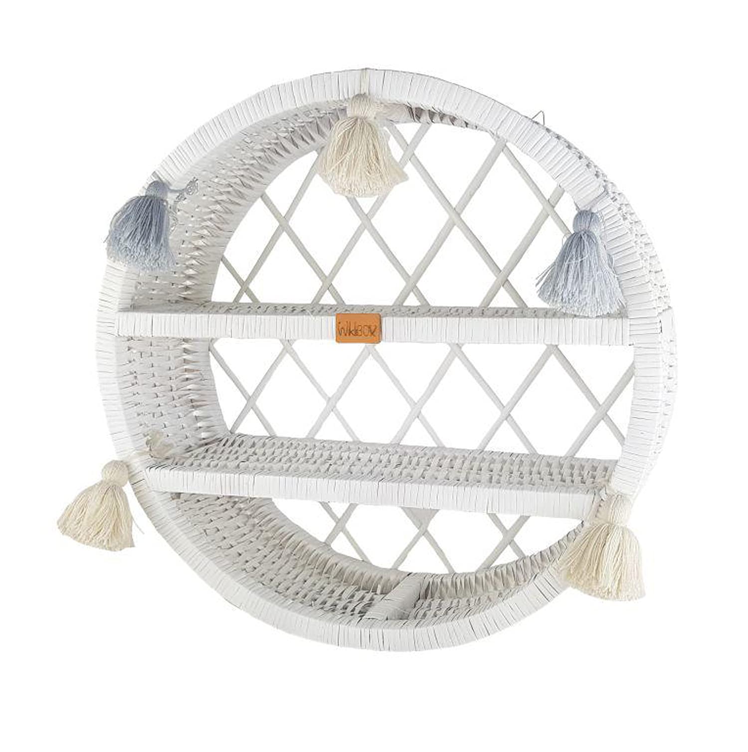 Handmade Rattan Floating Wall Shelf - Round Wicker Storage Shelf with Tassels, European Crafted Home Decor (White & Ecru-Blue) - Perfect for Bathroom, Bedroom or Living Room Organization