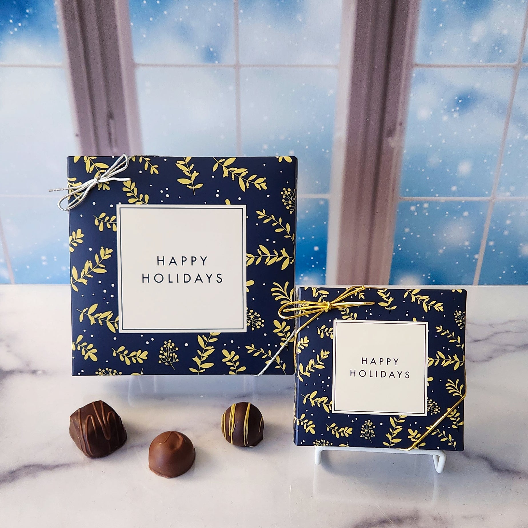 Navy Blue Holiday Gift Box with Assorted Treats & Decorations - Perfect for Christmas, Office Parties & Festive Celebrations
