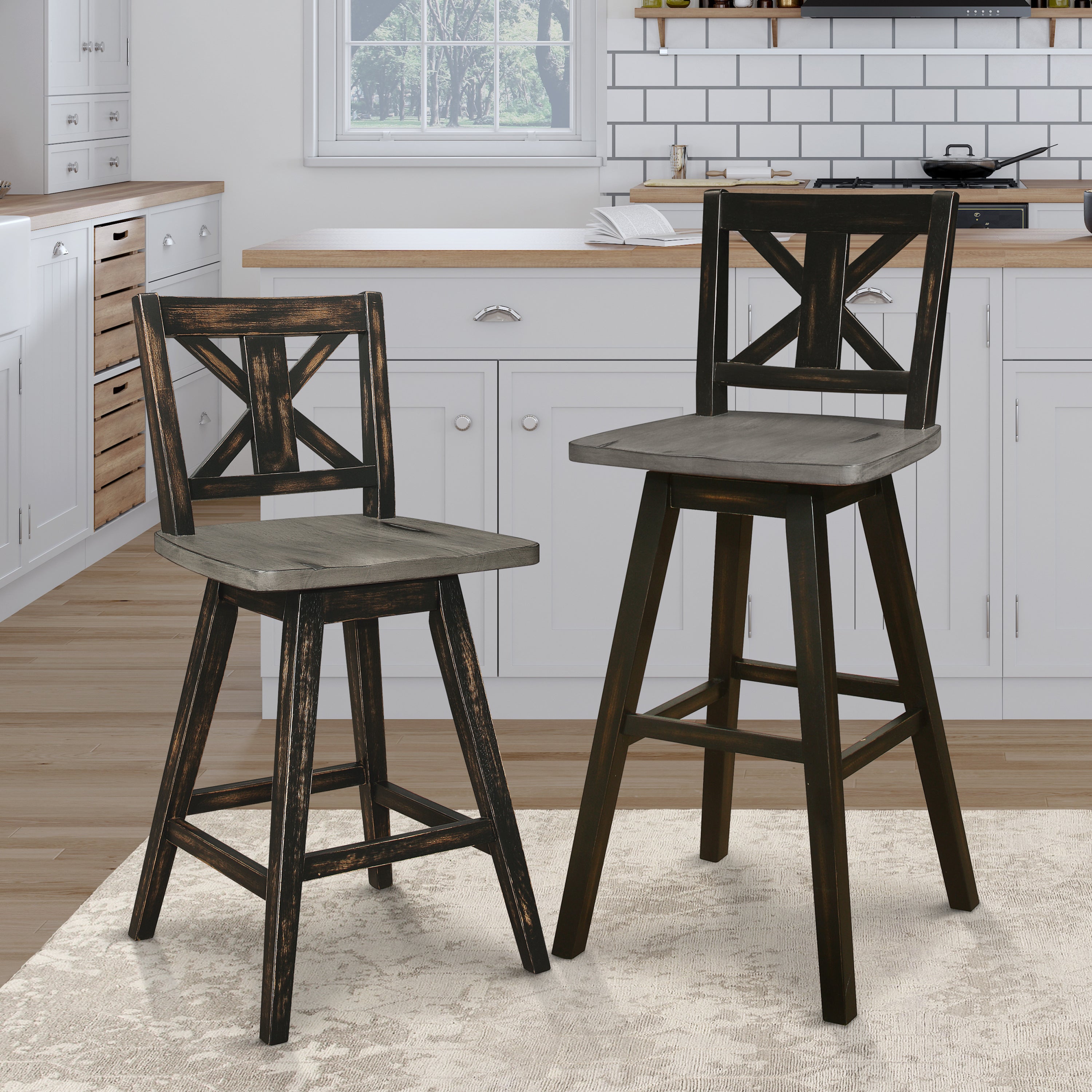 Black X-Back 360-Degree Swivel Counter Height Chairs Set of 2 - Solid Rubberwood Kitchen & Bar Stools for Dining Room, Breakfast Nook, and Home Office