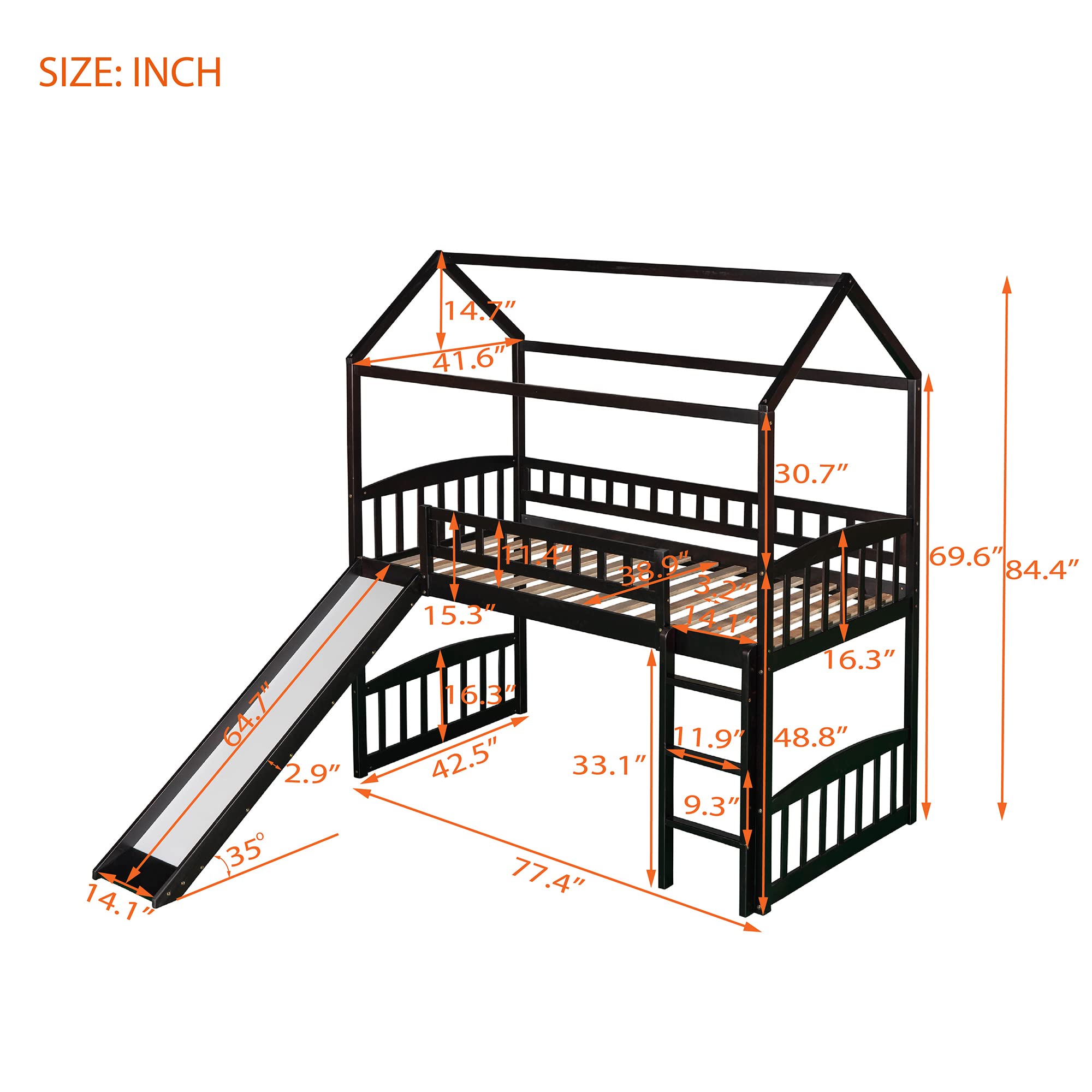 **Merax Twin Loft Bed with Slide & Ladder - Wooden House Style Bed with Roof & Guardrails for Kids & Teens (Espresso) - Perfect for Bedrooms, Playrooms & Small Spaces**