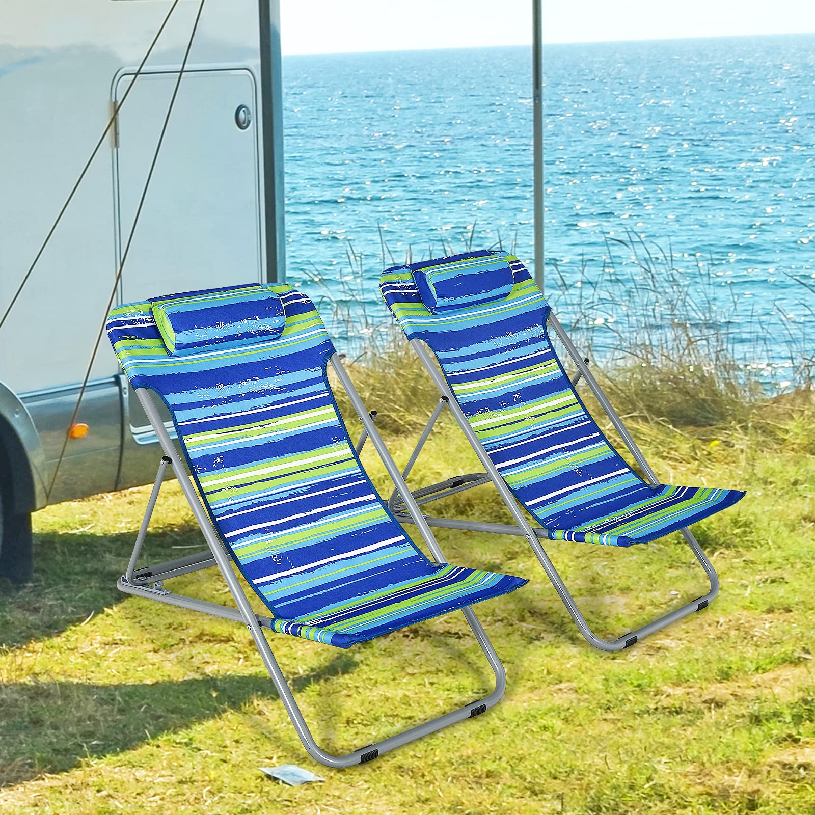 GYMAX 2-Pack Adjustable Beach Chairs for Adults - Portable Reclining Lounge Chairs with 3-Level Backrest & Removable Pillow - Lightweight Folding Camping Chairs for Beach, Poolside, Patio, Lawn, Fishing & Outdoor Relaxation (Blue) - Perfect for Summer Vacations, Backyard Lounging & Travel Adventures
