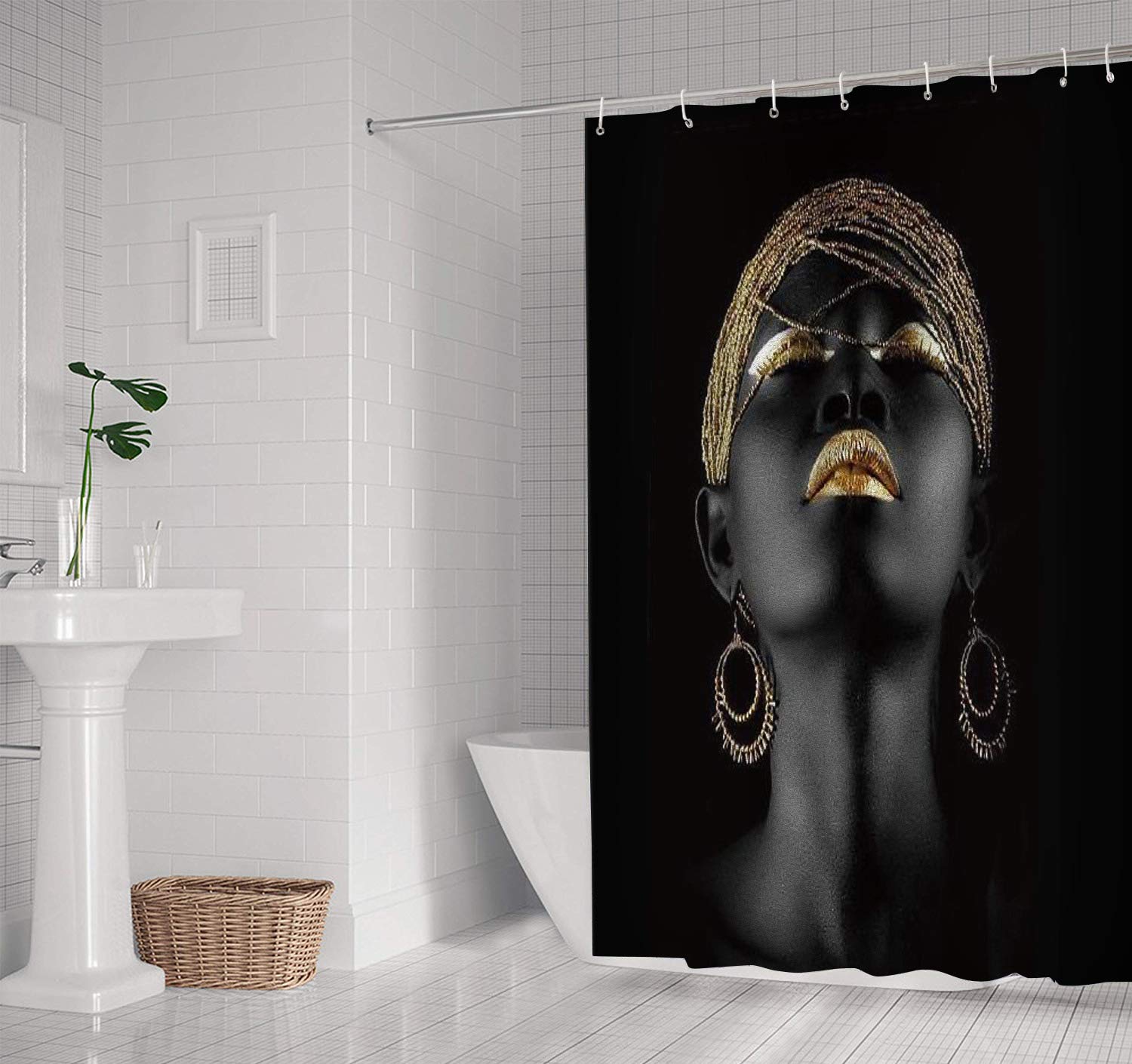 Black Afro Girl Shower Curtain with Golden Lips Design - 72x72 Inch Washable Polyester Fabric Bathroom Decor Set Includes 12 Hooks - Perfect for Afrocentric Bathroom Themes, Black Girl Magic Decor & Modern Home Accessories