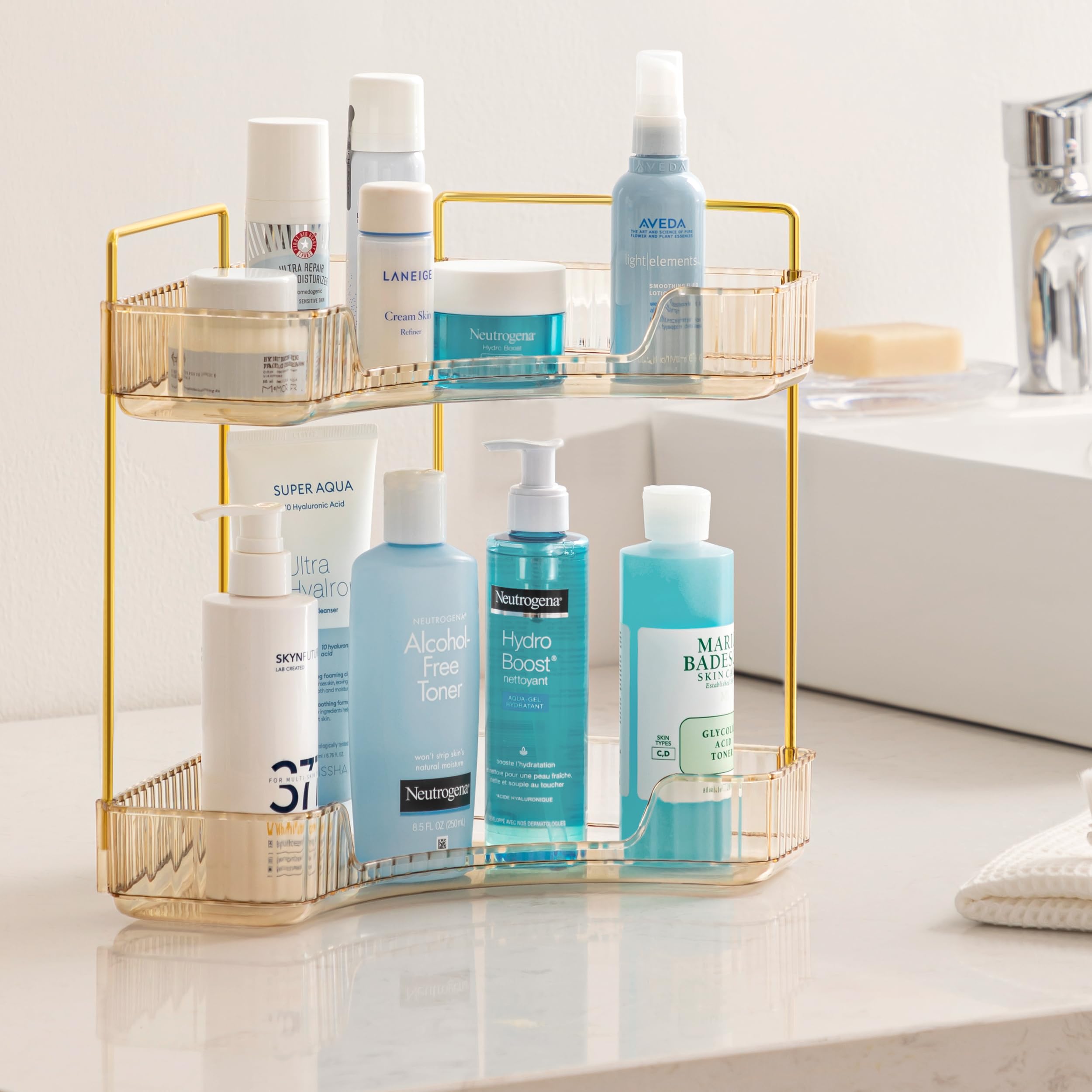 2-Tier Gold Bathroom Countertop Organizer - Corner Makeup & Skincare Storage Tray for Perfumes, Cosmetics & Toiletries | Perfect for Vanity, Sink Area & Small Bathroom Spaces