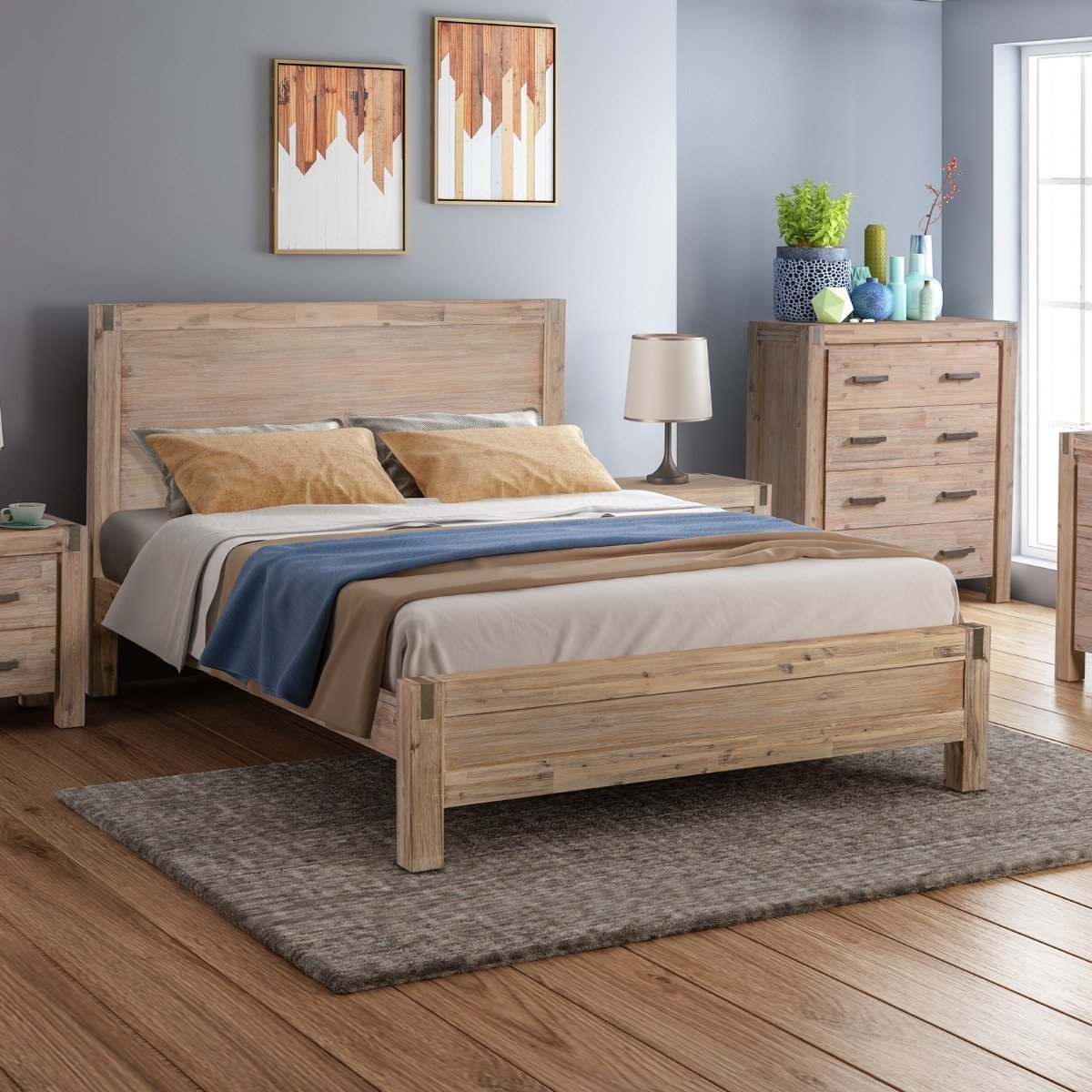 Java Queen Bed Frame Solid Oak Wood - Modern Bedroom Furniture for Master Bedroom & Guest Room