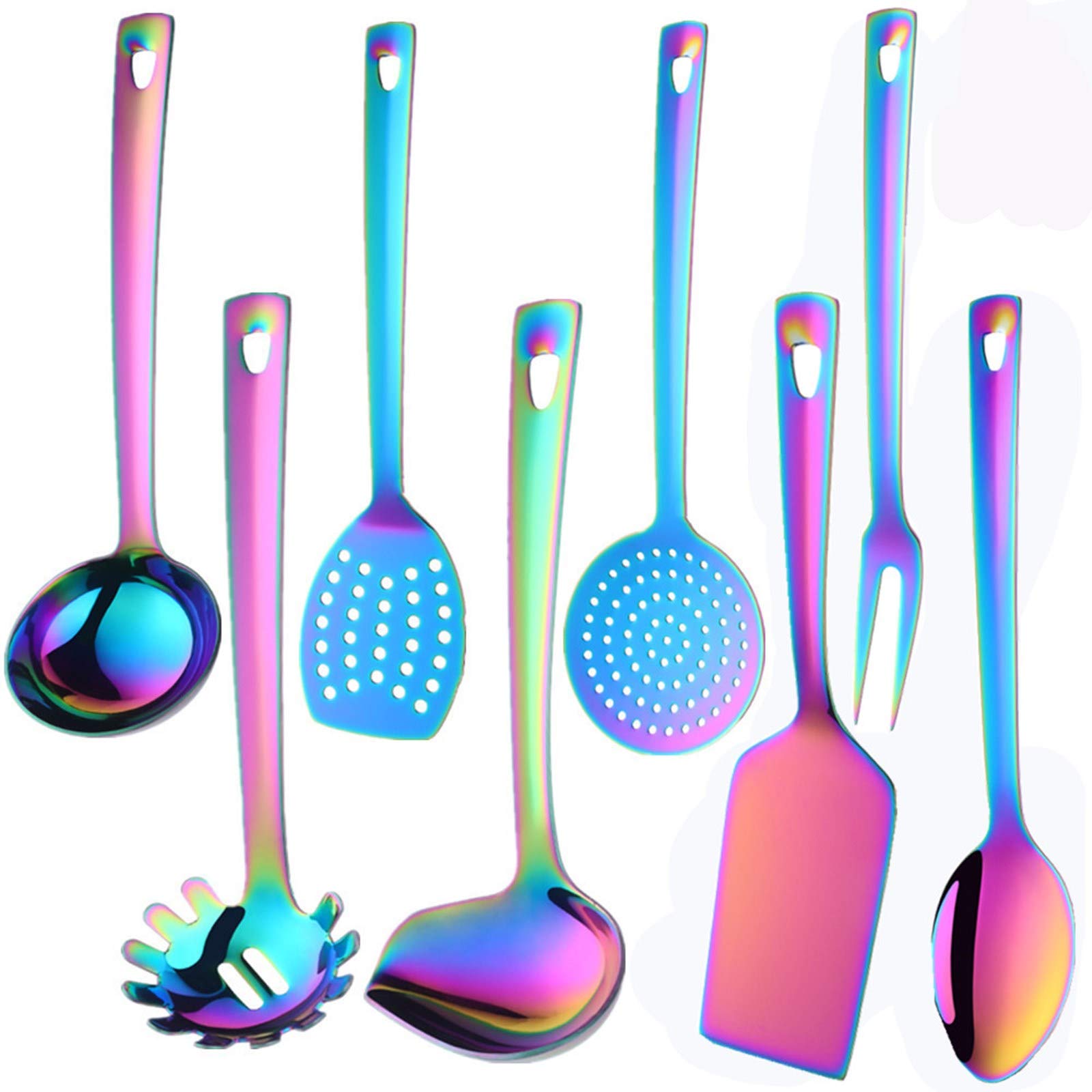 Premium 8-Piece Stainless Steel Kitchen Utensil Set with Titanium Rainbow Coating - Spatula, Slotted Spoon, Potato Masher & Cooking Tools for Baking, Frying & Food Prep - Dishwasher Safe Kitchen Gadgets