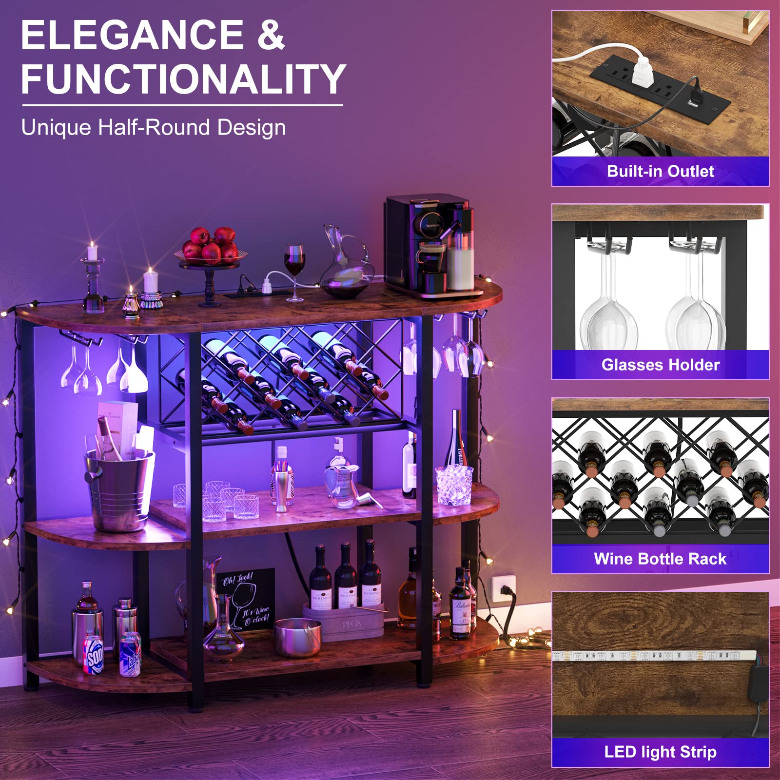 Unikito Wine Rack Table with USB Socket & LED Lighting - Wooden Bar Cabinet for Liquor Storage & Glass Display - Adjustable Wine Rack Coffee Table - Freestanding Sideboard Buffet Cabinet (Rustic Style) - Perfect for Home Bars, Living Rooms & Dining Areas