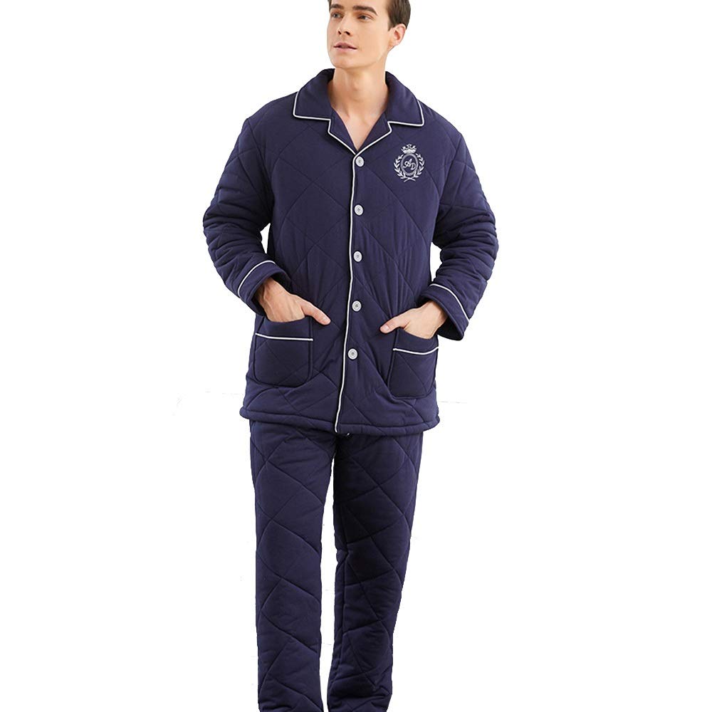 **Warm Winter Couple Pajama Set - Quilted Thick 3-Layer Cotton Tracksuit for Men & Women (Dark Blue, Size L) - Cozy Sleepwear for Cold Nights & Holiday Gifts**