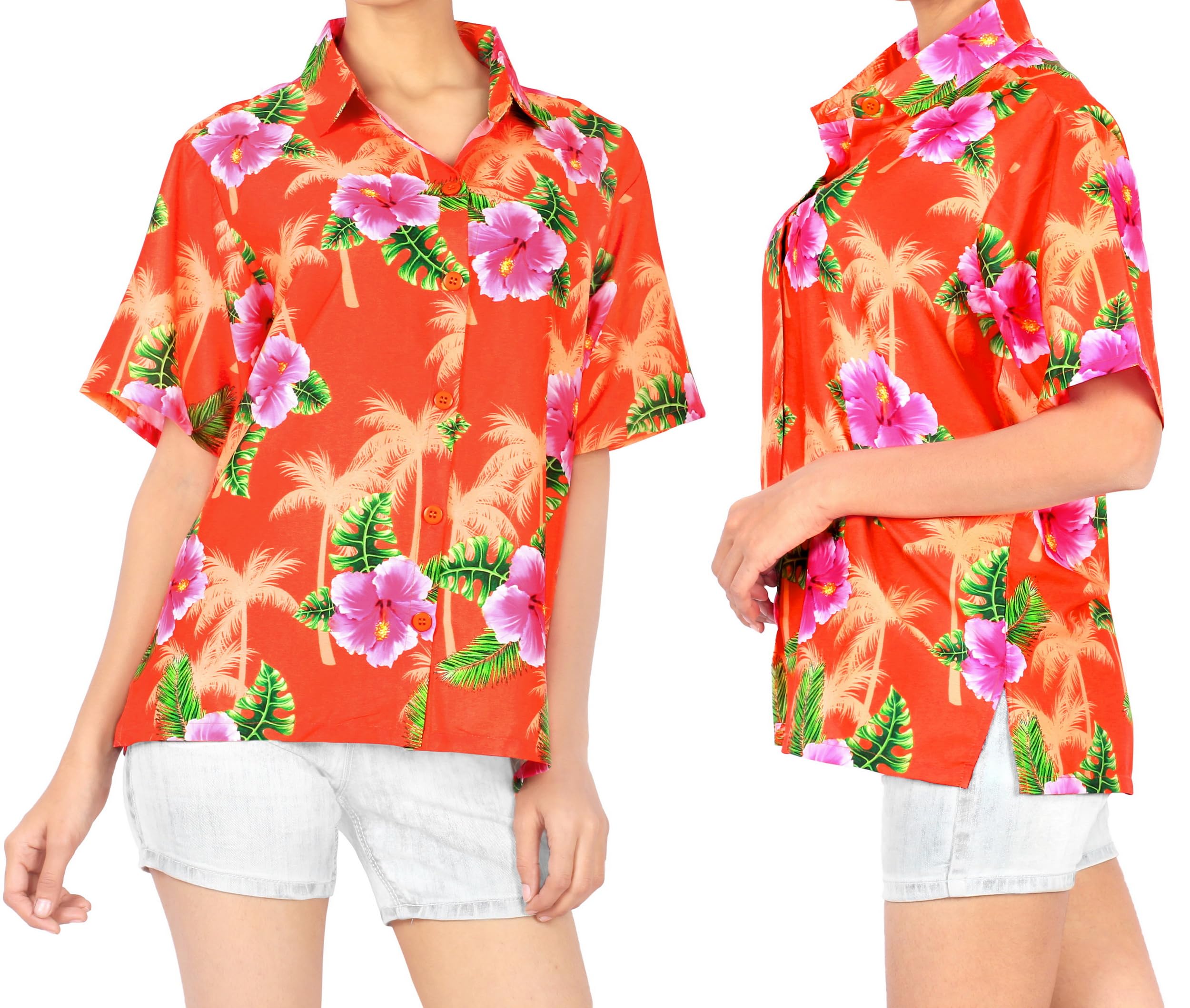 Happy Bay Women's Hawaiian Short Sleeve Beach Blouse Shirt - Floral Summer Vacation Top for Tropical Getaways, Pool Parties & Beach Outings