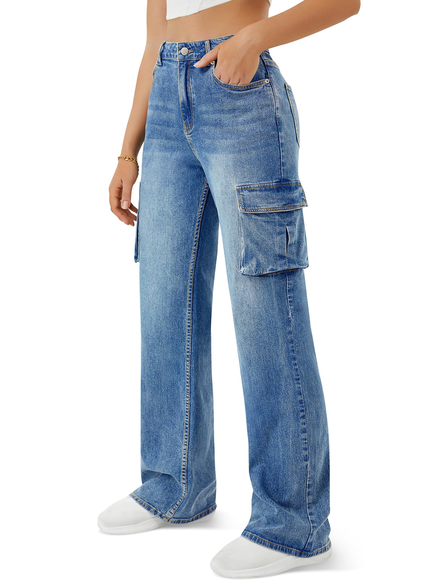 Women's High Waisted Cargo Jeans with 6 Pockets - Straight Wide Leg Casual Baggy Pants for Everyday Wear & Outdoor Adventures