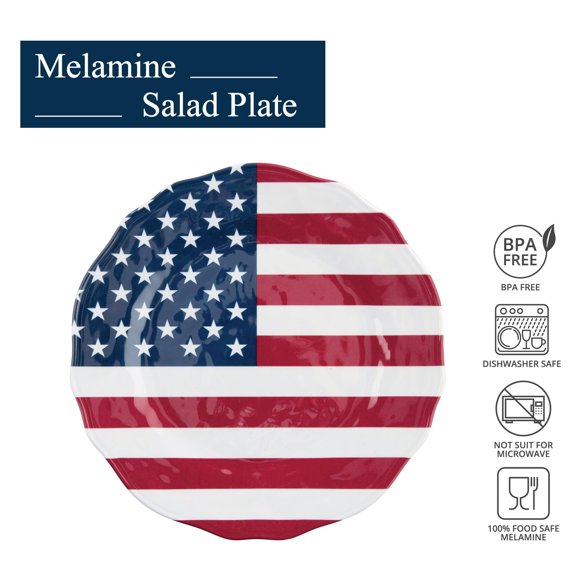 UPware 6-Piece Melamine Salad Plate Set - BPA-Free, Dishwasher Safe 8.75 Inch Round Plates for Risotto, Pasta & Salad - American Flag Design | Perfect for Picnics, BBQs, and Patriotic Party Decorations