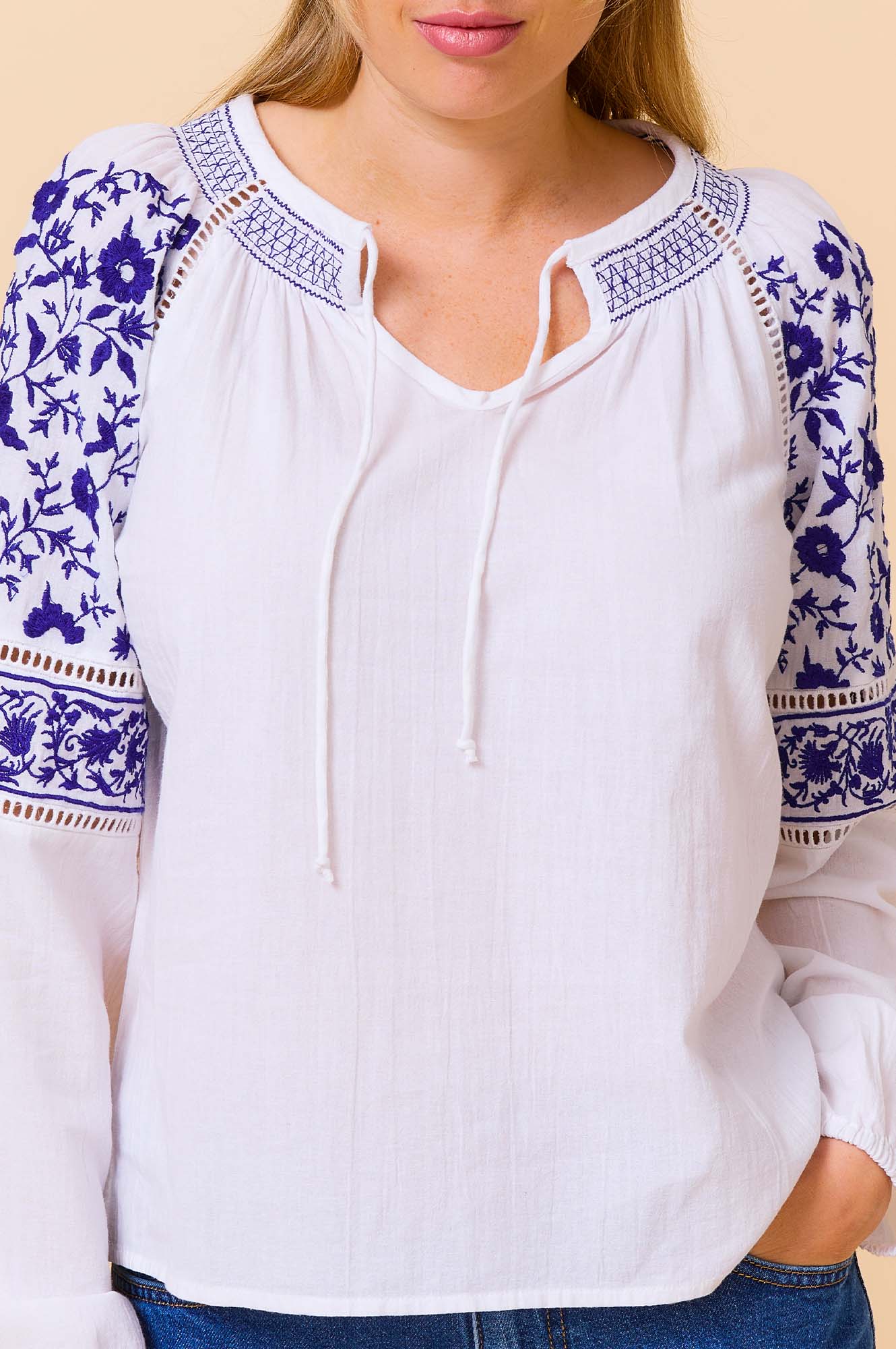 Ida Embroidered Top for Women - White & Cobalt Blue Floral Blouse | Perfect for Casual Wear, Office Outfits & Summer Fashion