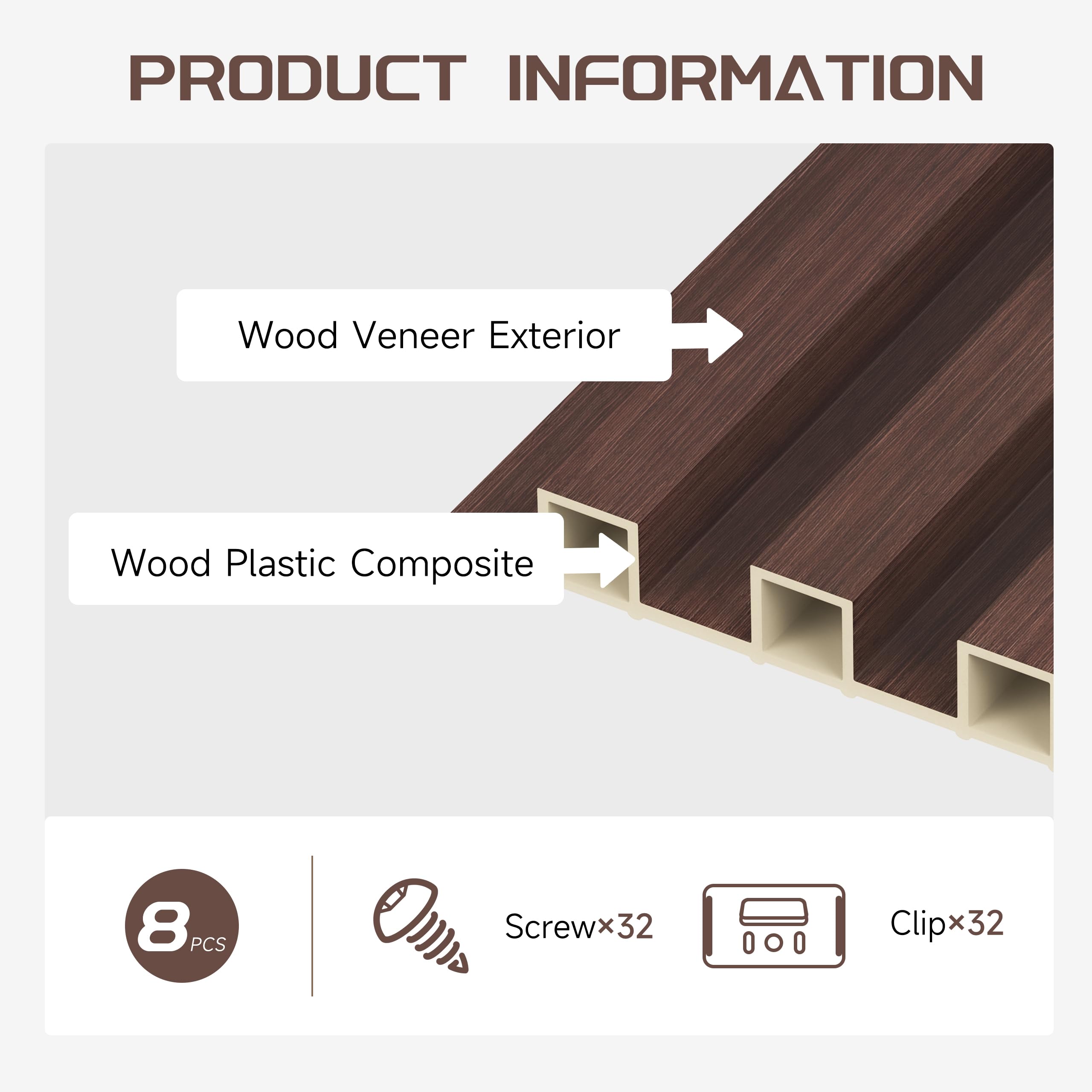 Premium WPC Slat Wall Panels - 8 Pack Modern Wood Slats for Walls & Ceilings | Acoustic Soundproofing Panels | Walnut Finish 95
