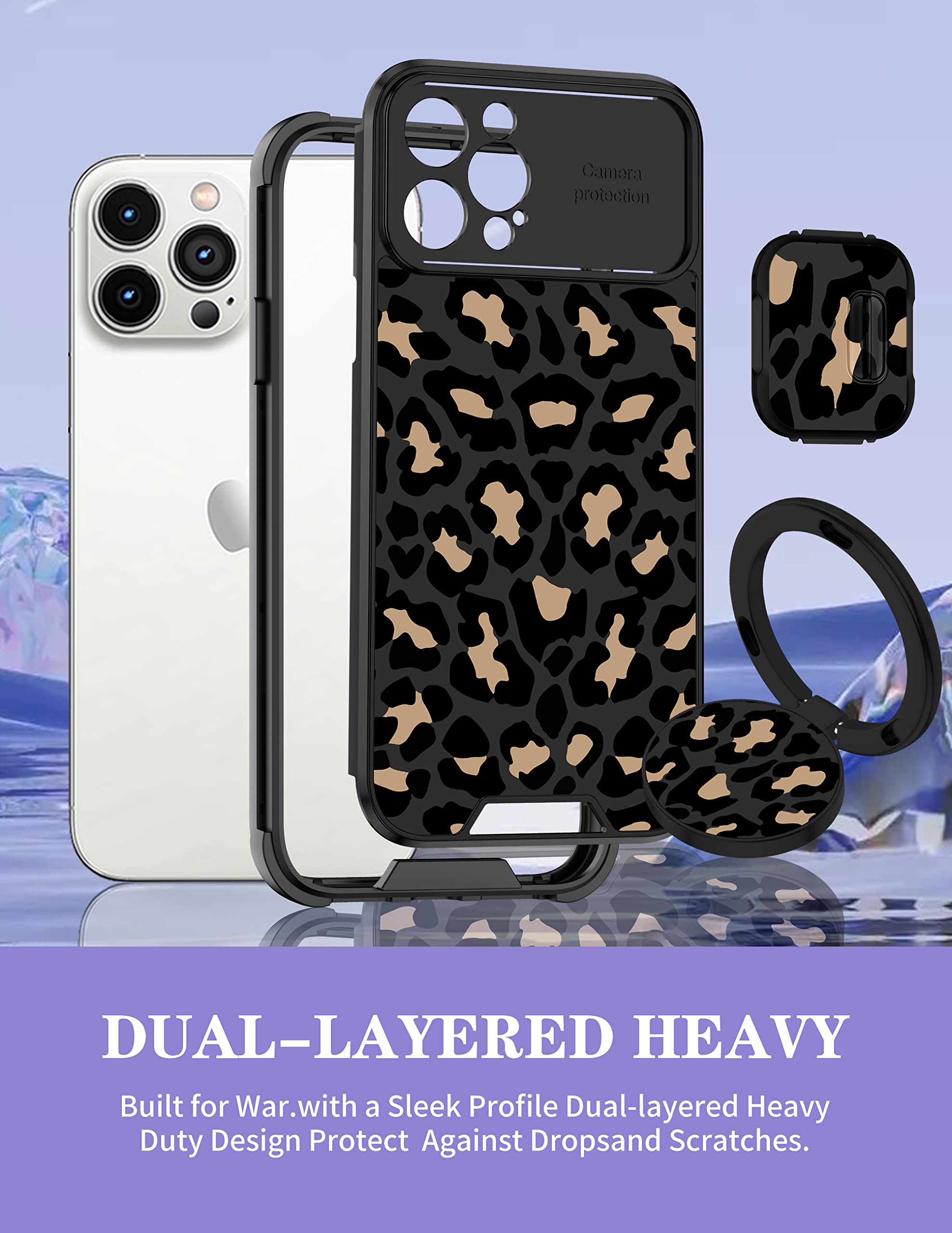 Goocrux 2in1 Luxury iPhone 12 Pro Max Case for Women - Black Cheetah Print with Slide Camera Cover & Ring Holder | Cute Animal Pattern Phone Cover for 6.7