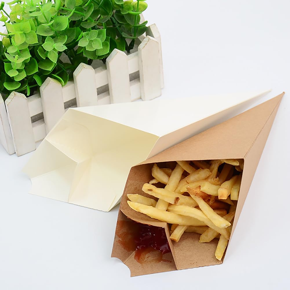 50 Pcs White French Fry Cone Holders - Medium Paper Food Containers with Built-in Dipping Pocket | Disposable Appetizer Bags for Parties, Carnivals & Fast Food Restaurants