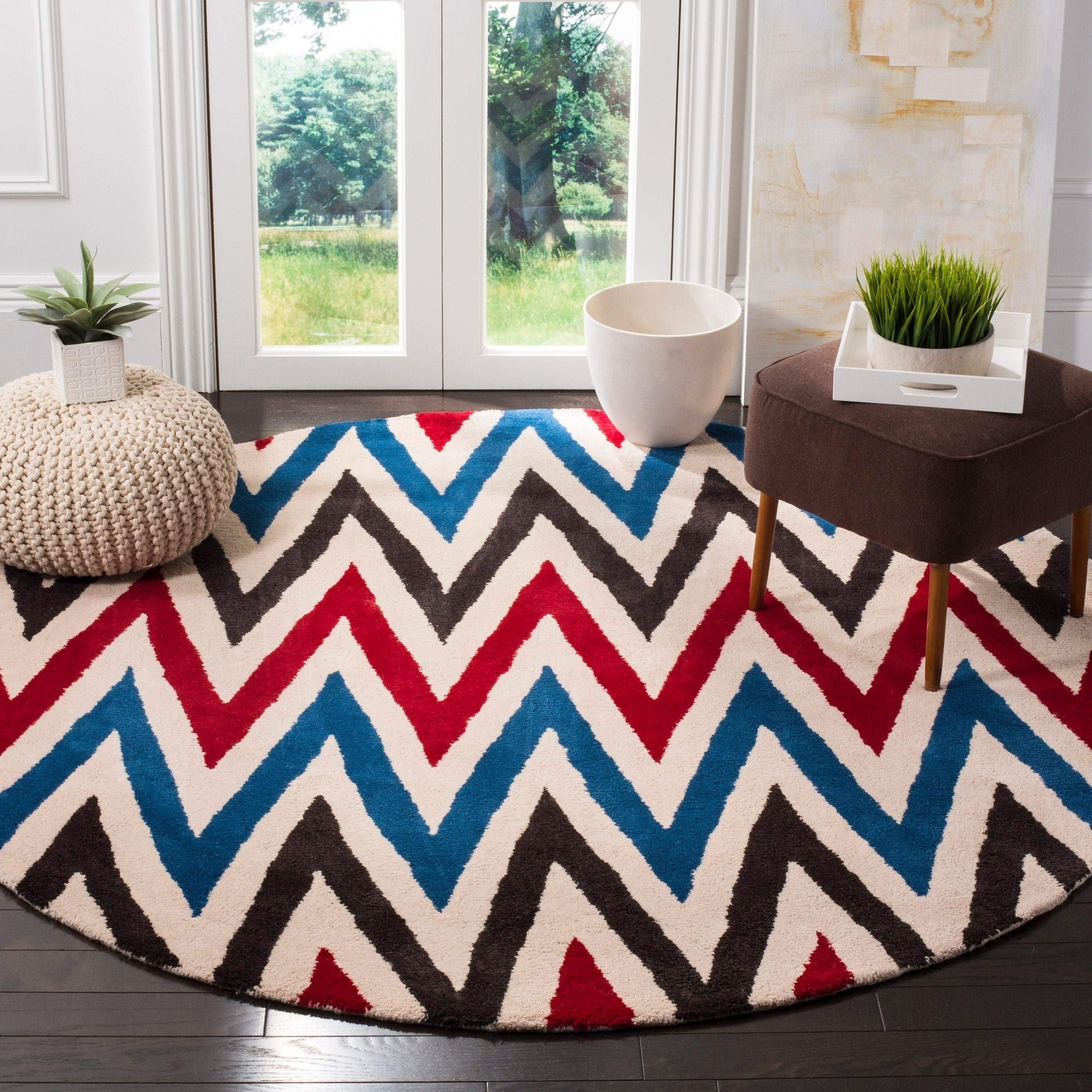 SAFAVIEH Chatham Collection 7-Foot Round Ivory Multi Chevron Wool Area Rug - Handmade Premium Quality - Perfect for Living Room, Bedroom, or Dining Room Decor
