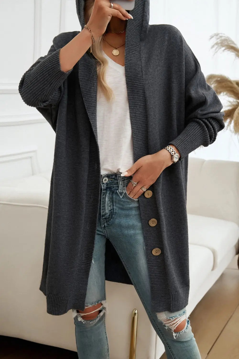 Women's Button Up Long Sleeve Hooded Cardigan Sweater - Cozy Fall & Winter Layering Piece for Casual Outfits and Office Wear