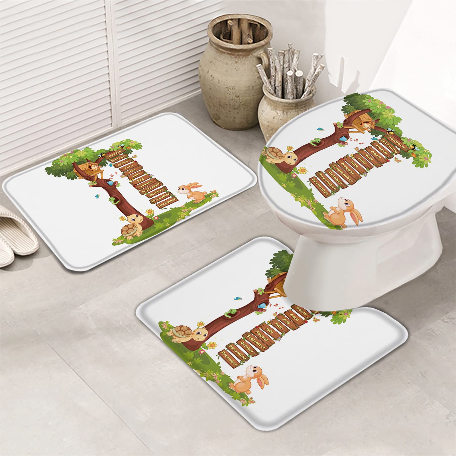 3-Piece Ultra Soft Cartoon Animal Bathroom Rug Set - Non-Slip Absorbent Bath Mat, Contour Rug & Toilet Cover with Rabbit, Turtle & Squirrel Design - Perfect for Kids' Bathrooms, Nursery Decor & Cozy Home Bath Spaces