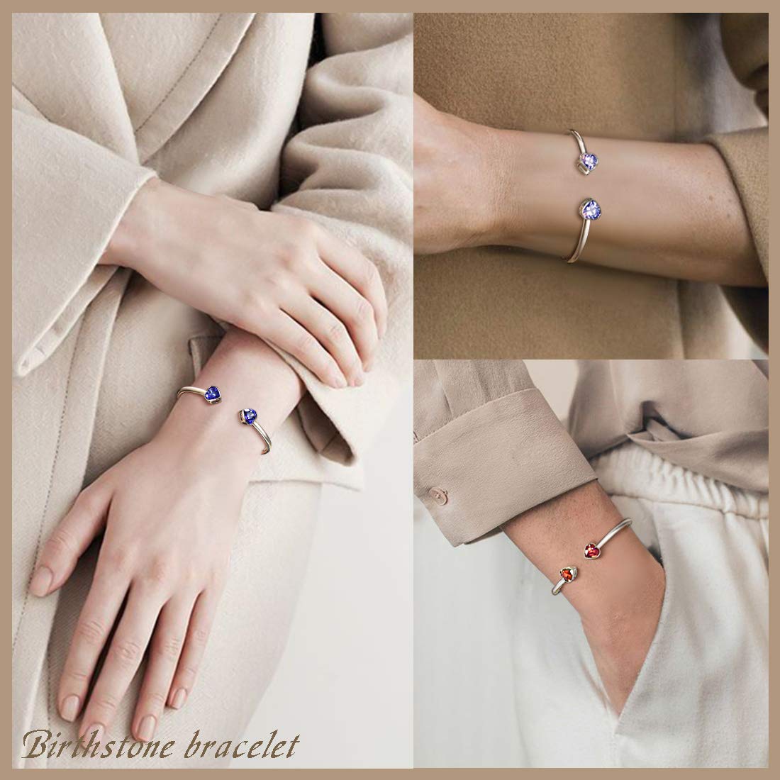 Birthstone Double Heart Adjustable Bracelet - Silver Plated Open Bangle with Personalized Birth Stones | Meaningful Birthday Gift for Women & Girls | Perfect for Anniversaries, Mother's Day & Special Occasions