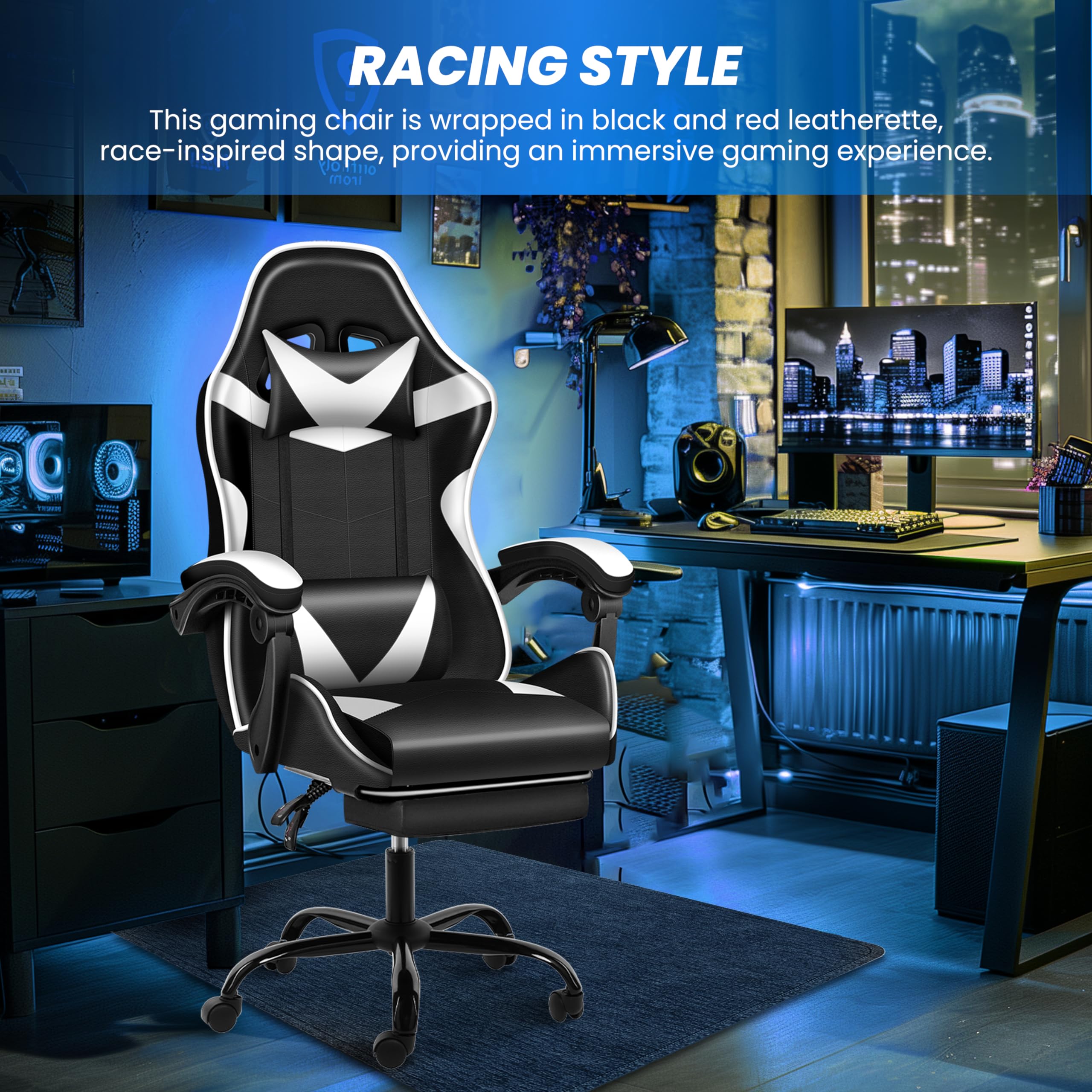 **YSSOA Ergonomic Gaming Chair with Adjustable Footrest, Height & 90°-135° Recline - Racing Style Computer Chair for Office & Home, Lumbar Support, Swivel Base (Black/White) - Perfect for Long Gaming Sessions & Work from Home**