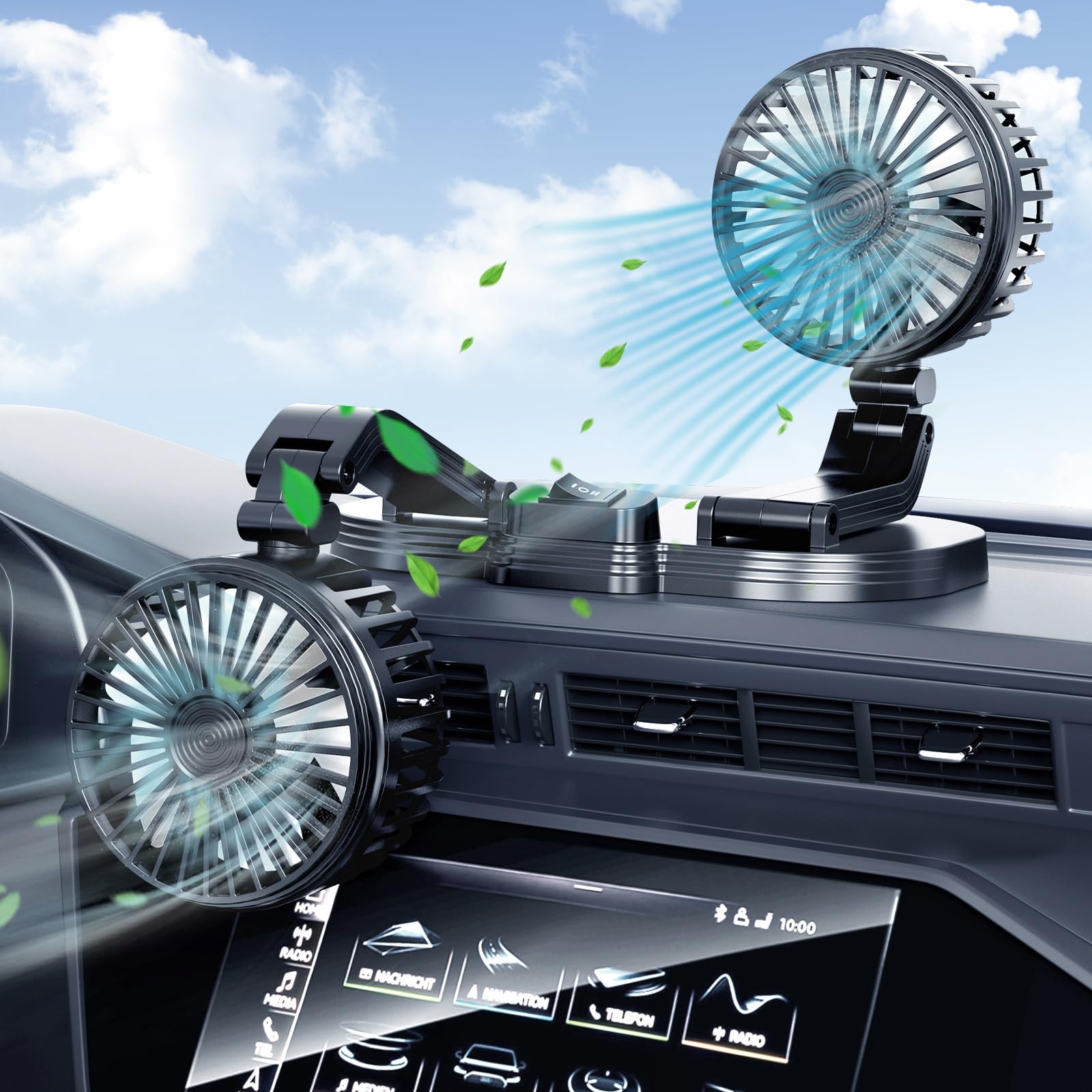 360° Rotating Dual Head USB Car Fan - Portable Cooling Fan for Dashboard with Cold Air Blow, USB Powered for SUV/RV/Truck/Sedan/Cruise/Office - Perfect for Summer Commute & Workspace Cooling