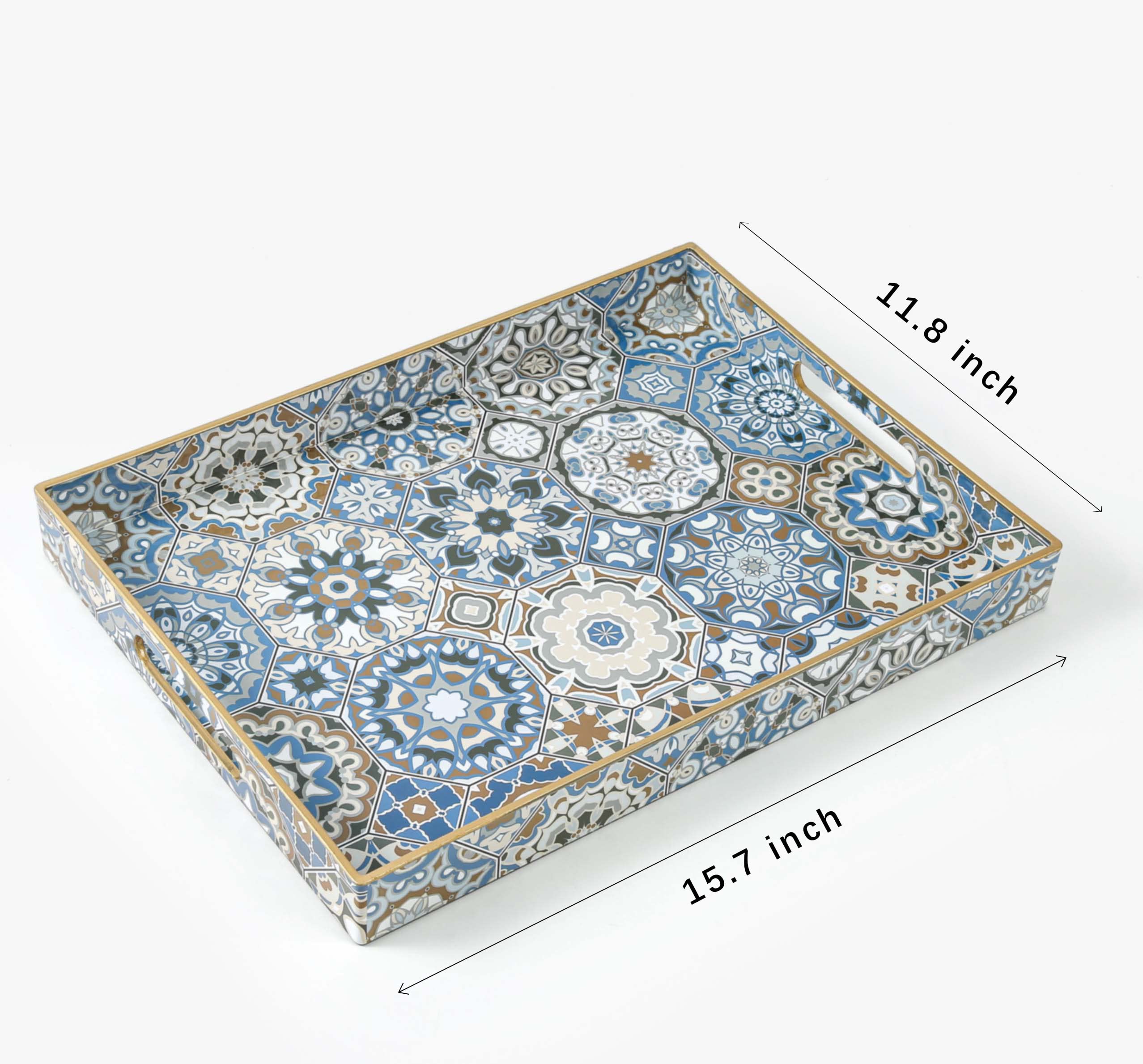 Boho Coffee Table Serving Tray with Handles - Large Decorative Ottoman Tray for Living Room, Bedroom & Office - Perfect for Entertaining, Snacks, Books & Home Decor