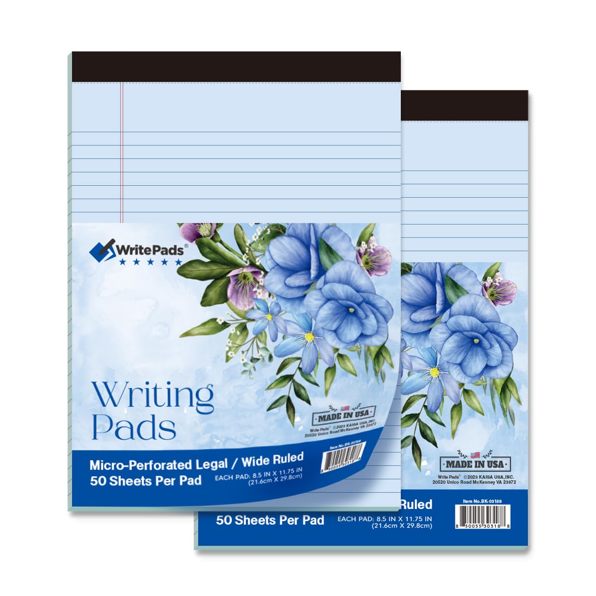 Premium KAISA Blue Legal Pads 8.5x11 Inches - Wide Ruled Writing Notepads with 20lb Heavy Weight Paper, 50 Sheets per Pad - 2 Pack Flower Design Notebooks for Office, School & Home Use - Made in USA