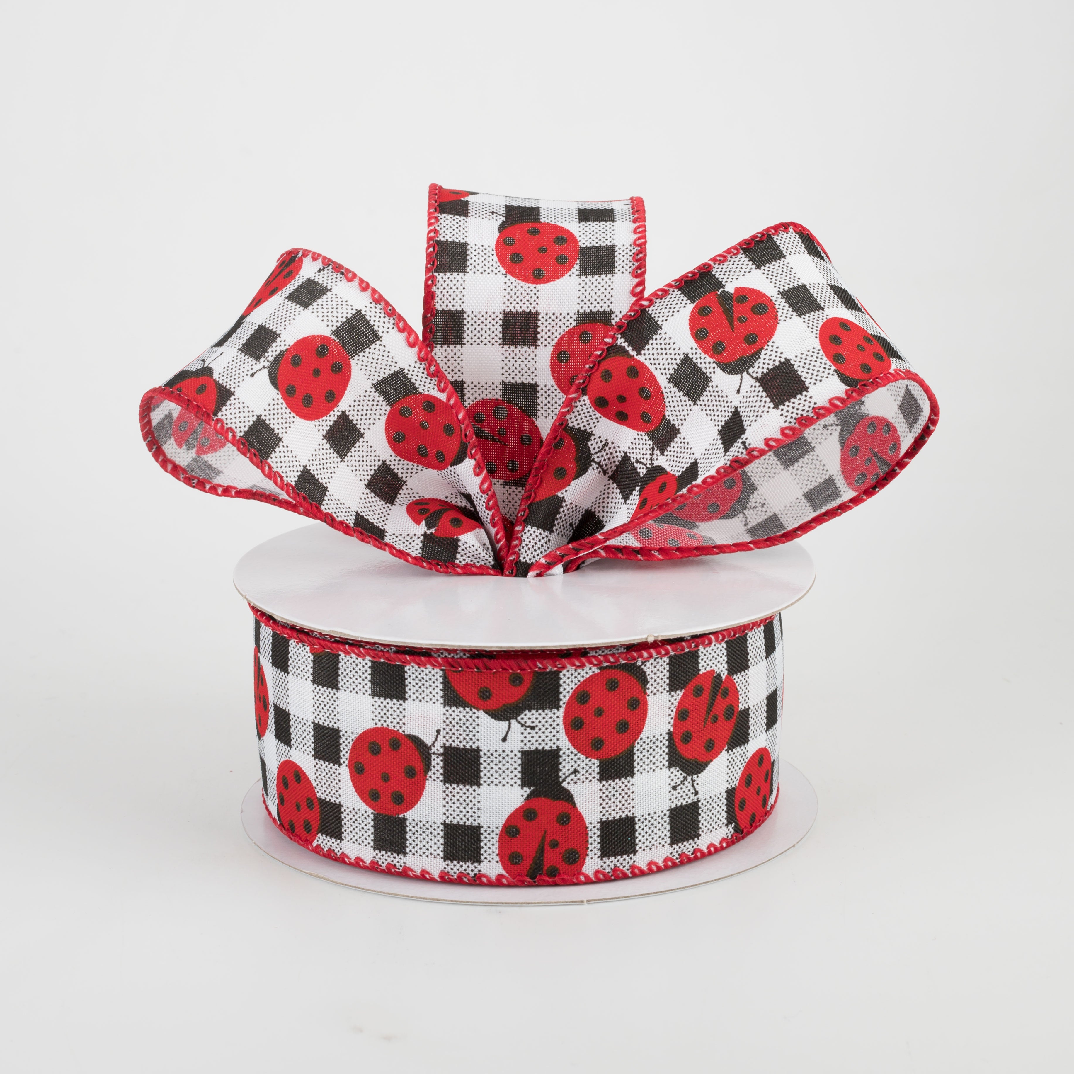 1.5 Inch Printed Gingham Ladybugs Ribbon - 10 Yards Bulk Roll for Gift Wrapping, DIY Crafts, Scrapbooking & Party Decorations
