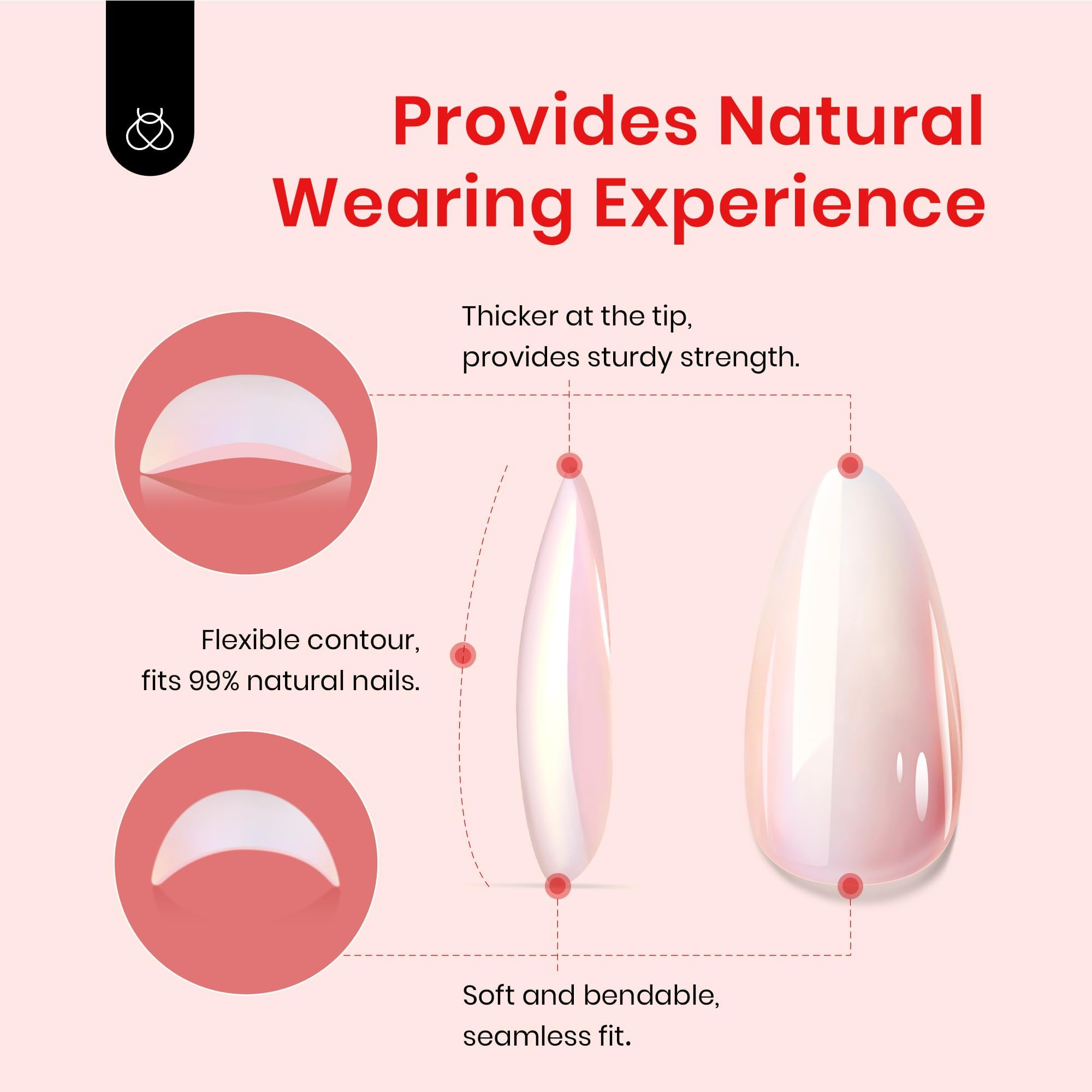 Beetles Red Press On Nails Almond Shape - 15 Sizes & 7 Styles Glazed Red Fake Nails with French Tips - Medium Almond Nail Extensions with Pre-Applied Primer - Perfect for Parties, Weddings, and Daily Wear
