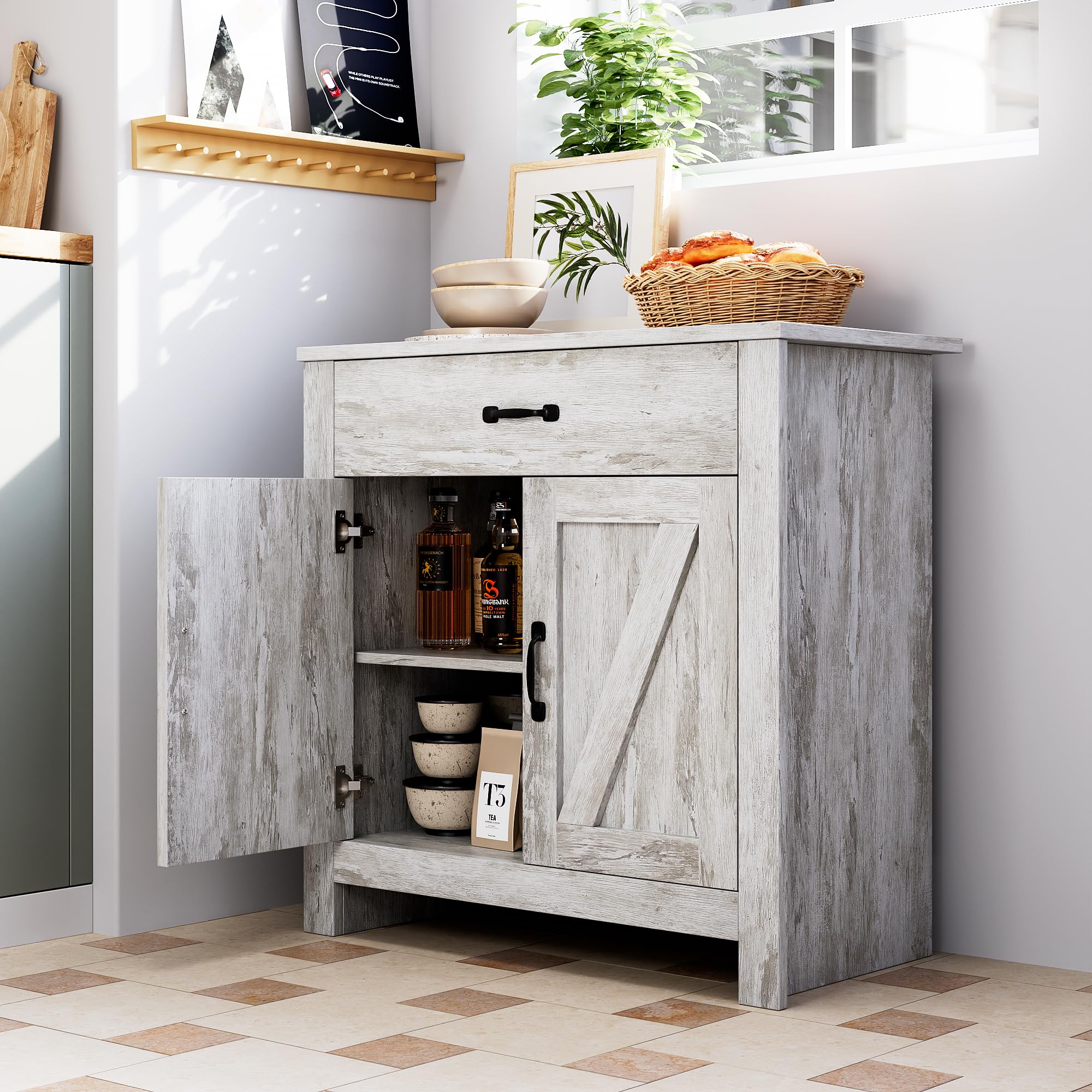 GAOMON Freestanding Kitchen Pantry Storage Cabinet with Microwave Stand - Adjustable Shelves Buffet Hutch Cupboard for Kitchen & Dining Room - Perfect for Small Spaces, Organizing Dishes & Appliances