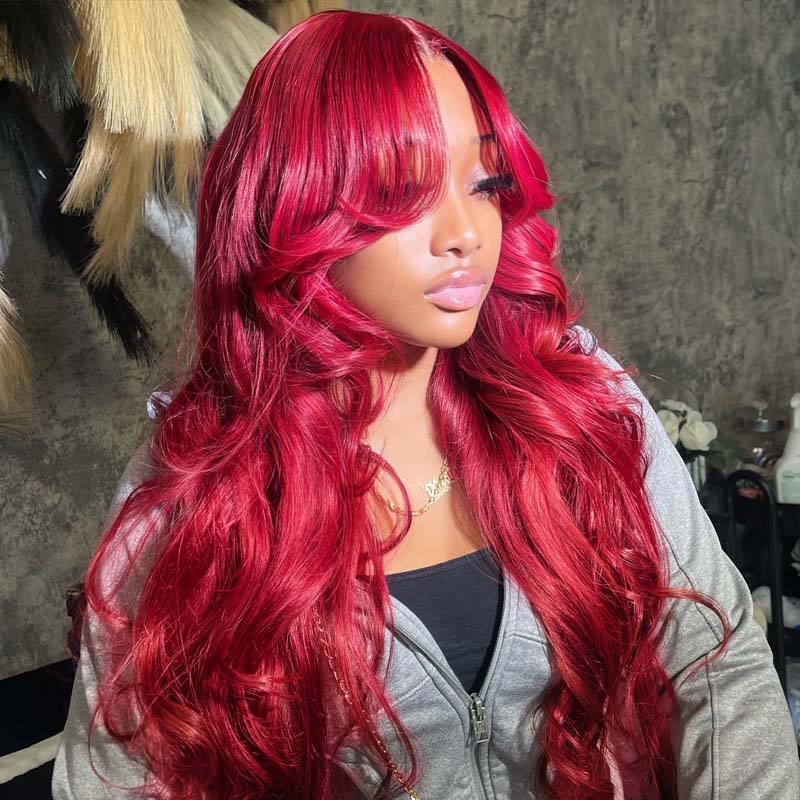 Cherry Red Body Wave with Layered Curtain Bangs