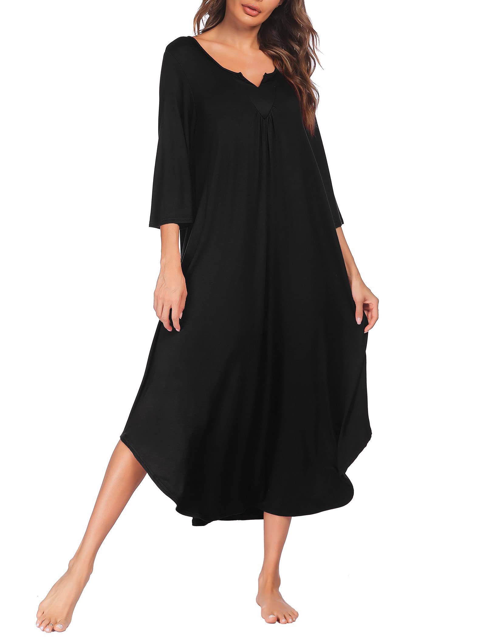 Ekouaer Women's Plus Size Long Sleeve Nightgown - 3/4 Sleeve V-Neck Loose Lounge Dress for Sleep & Relaxation | Comfortable Maxi Sleepshirt for Home, Travel & Maternity Wear