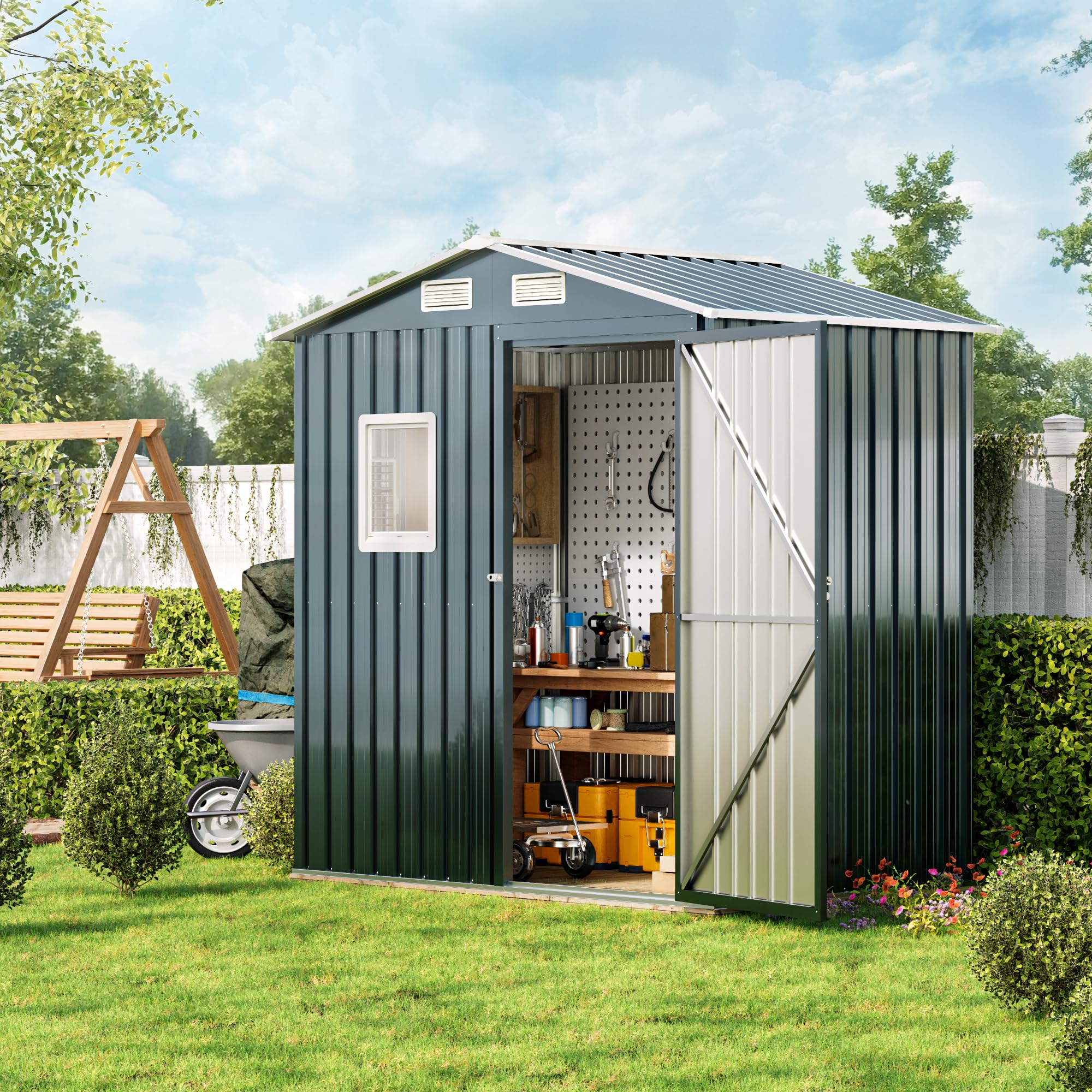 6x4x6.5 FT Compact Vertical Outdoor Steel Storage Shed with Lockable Doors - Heavy Duty Garden, Backyard & Patio Utility Shed for Tool Storage, Bike Shelter, Trash Can Enclosure & Chicken Coop | Weather-Resistant & Secure Outdoor Organization Solution