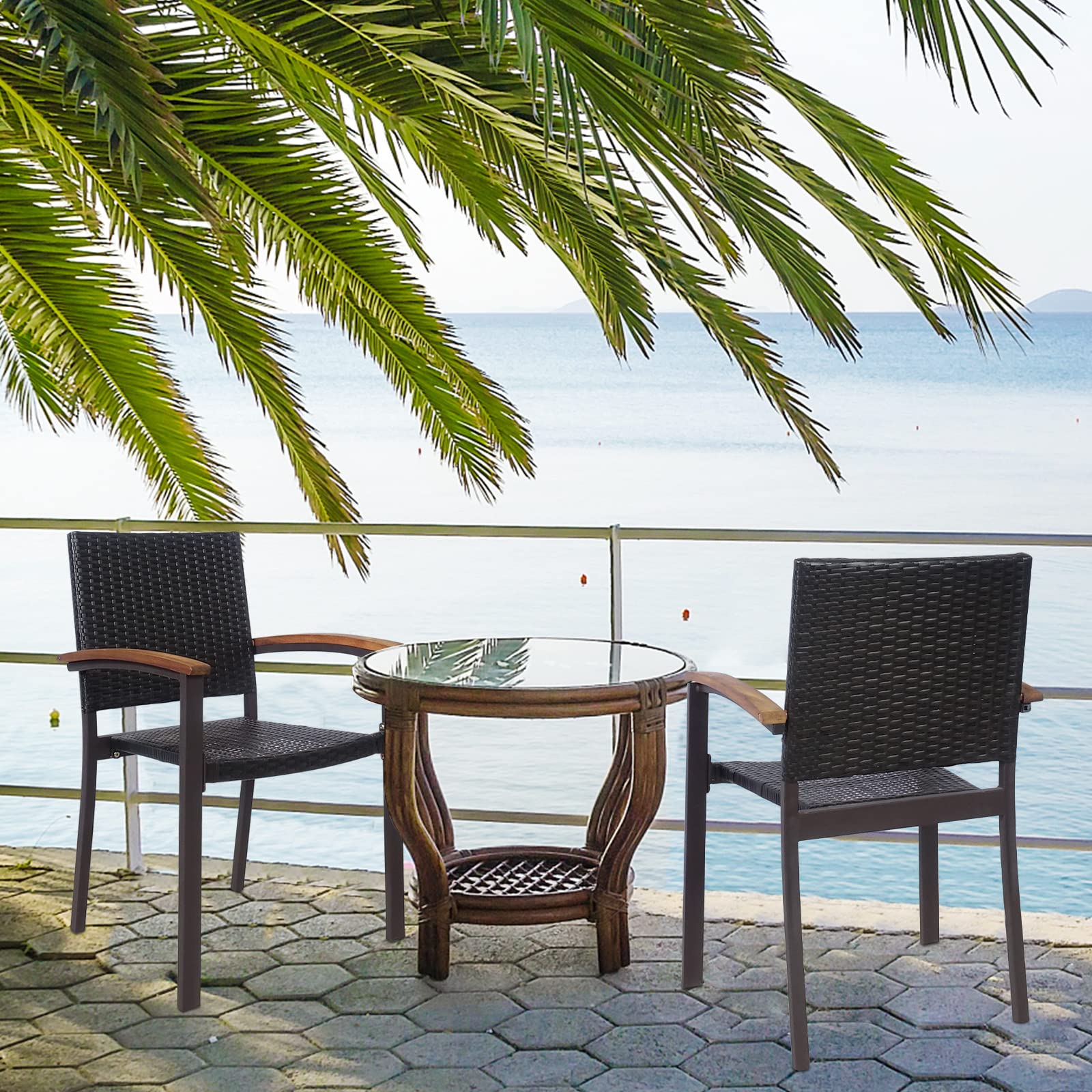 Tangkula 2-Piece Stackable PE Wicker Patio Chairs Set with Acacia Wood Armrests - Indoor/Outdoor Dining Chairs for Garden, Poolside, Backyard & Bistro - Perfect for Outdoor Entertaining, Relaxing & Dining (Mix Brown)