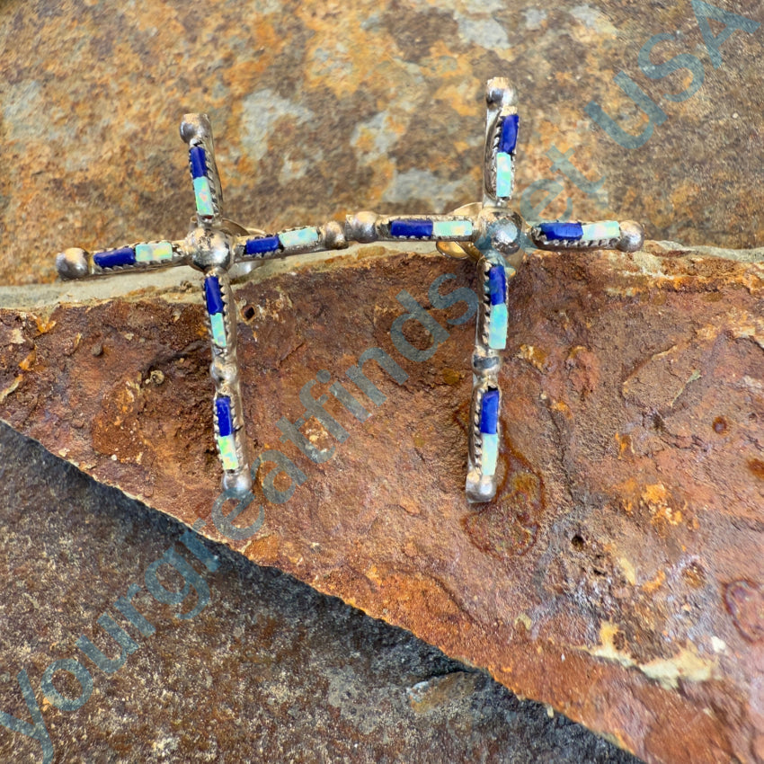 Sterling Silver Zuni Lapis & Opal Needlepoint Turquoise Cross Pierced Post Earrings - Handmade Native American Jewelry for Women - Perfect for Church, Weddings & Special Occasions