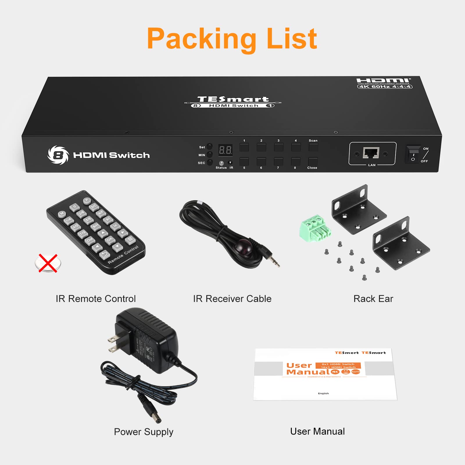 TESmart 8×1 HDMI Switch 8 in 1 Out 4K@60Hz HDCP 2.2 - 19-inch Rack Mount with RS-232/LAN Control, IR Remote & Auto Switching - Ideal for Home Theater, Gaming & Conference Room AV Setup (Black)