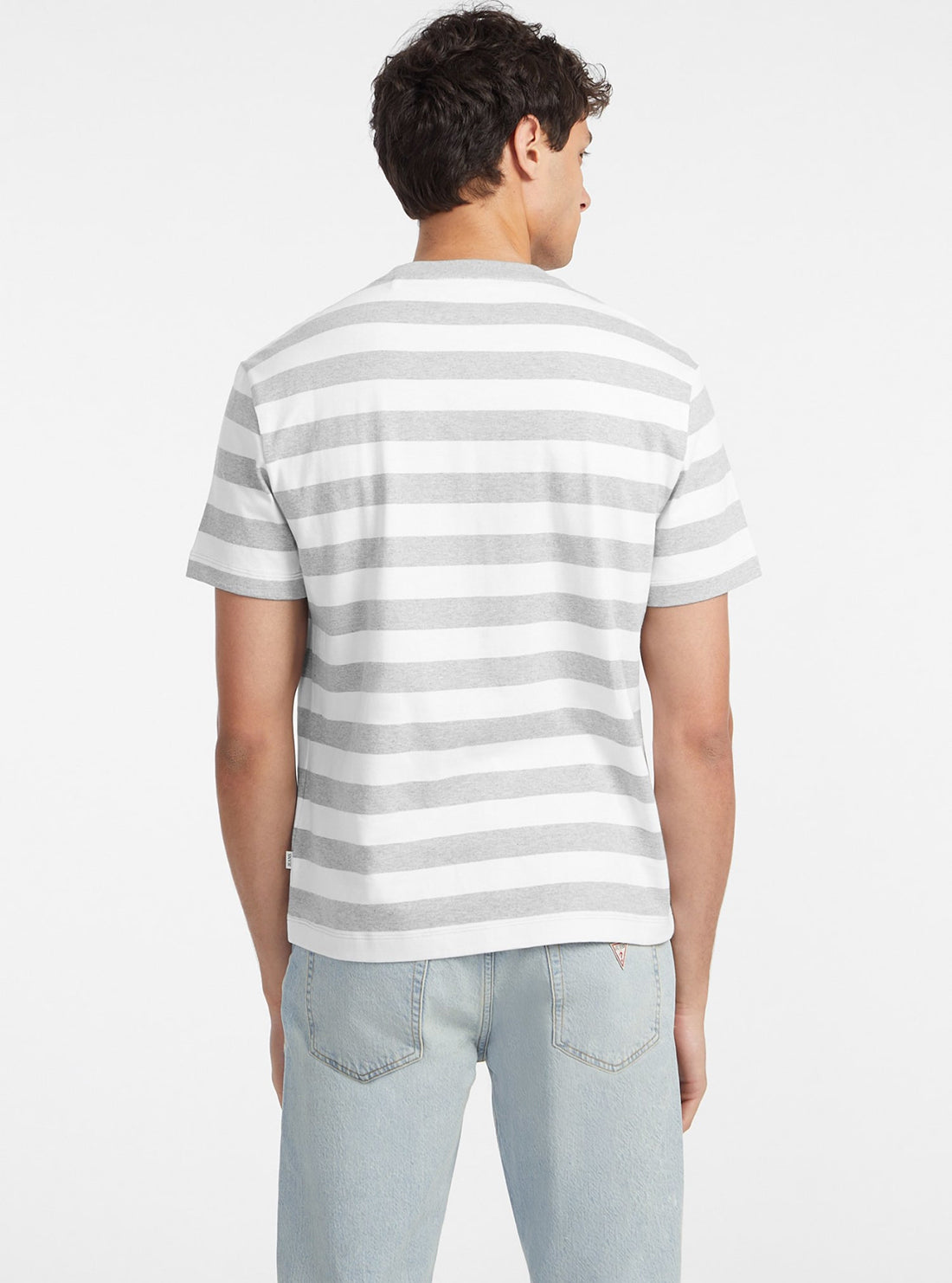 Guess Jeans Women's White & Grey Striped Cotton T-Shirt - Casual Short Sleeve Tee for Everyday Wear, Outfits & Layering