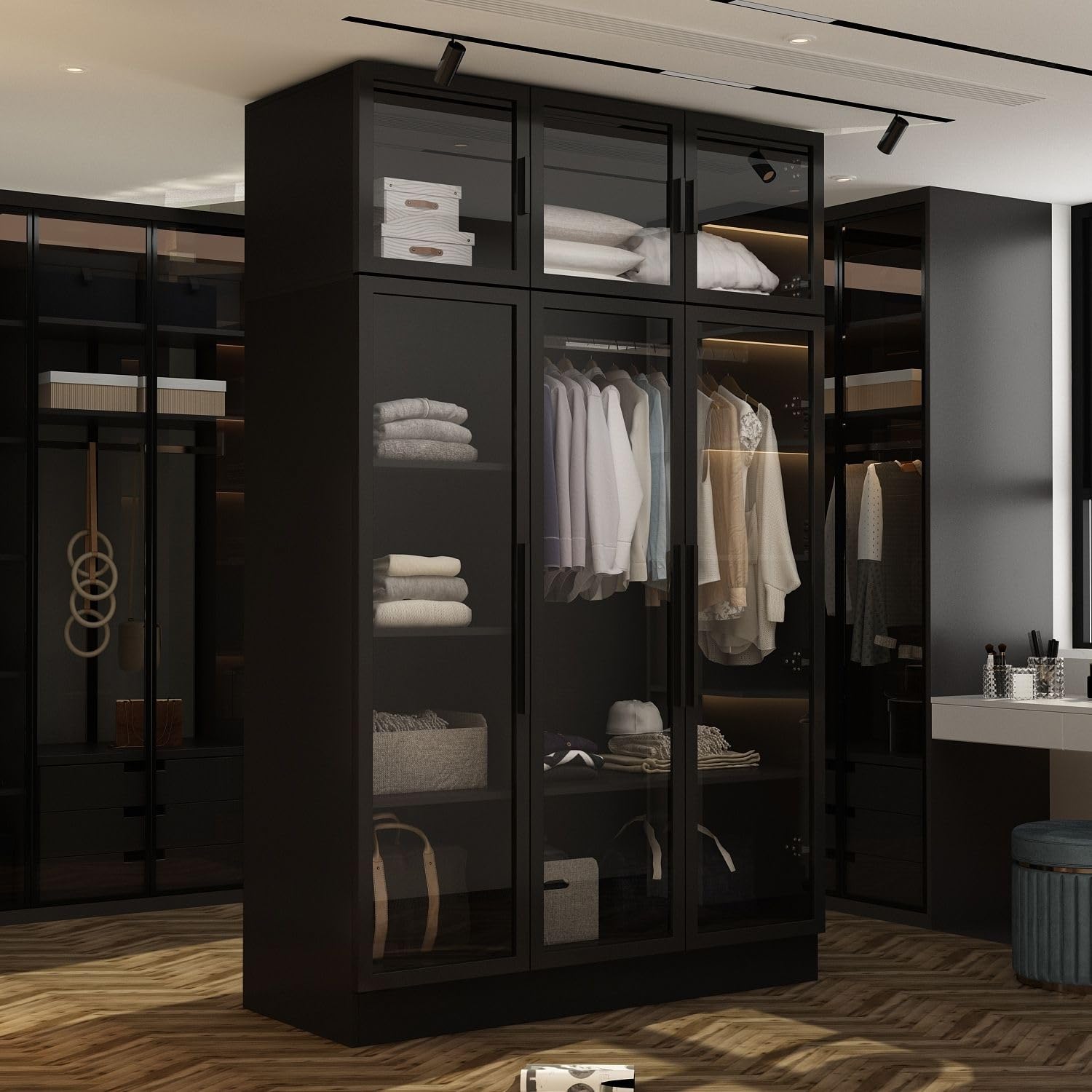 FAMAPY Black Glass Wardrobe Closet with LED Lights - 47.2