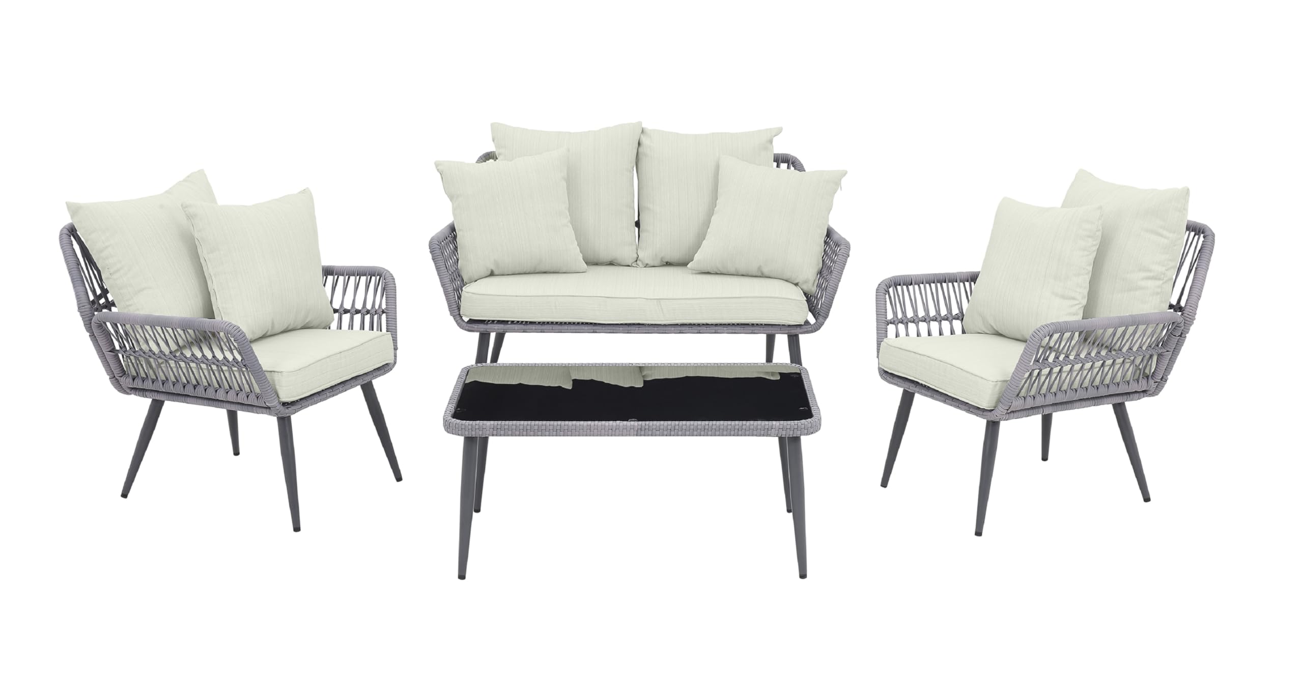 Portofino 4-Piece Outdoor Patio Set with Waterproof Cushions - Rope Wicker Conversation Set Includes 2 Armchairs, Loveseat & Tempered Glass Coffee Table - Cream - Perfect for Backyard, Garden, Poolside or Terrace Relaxation