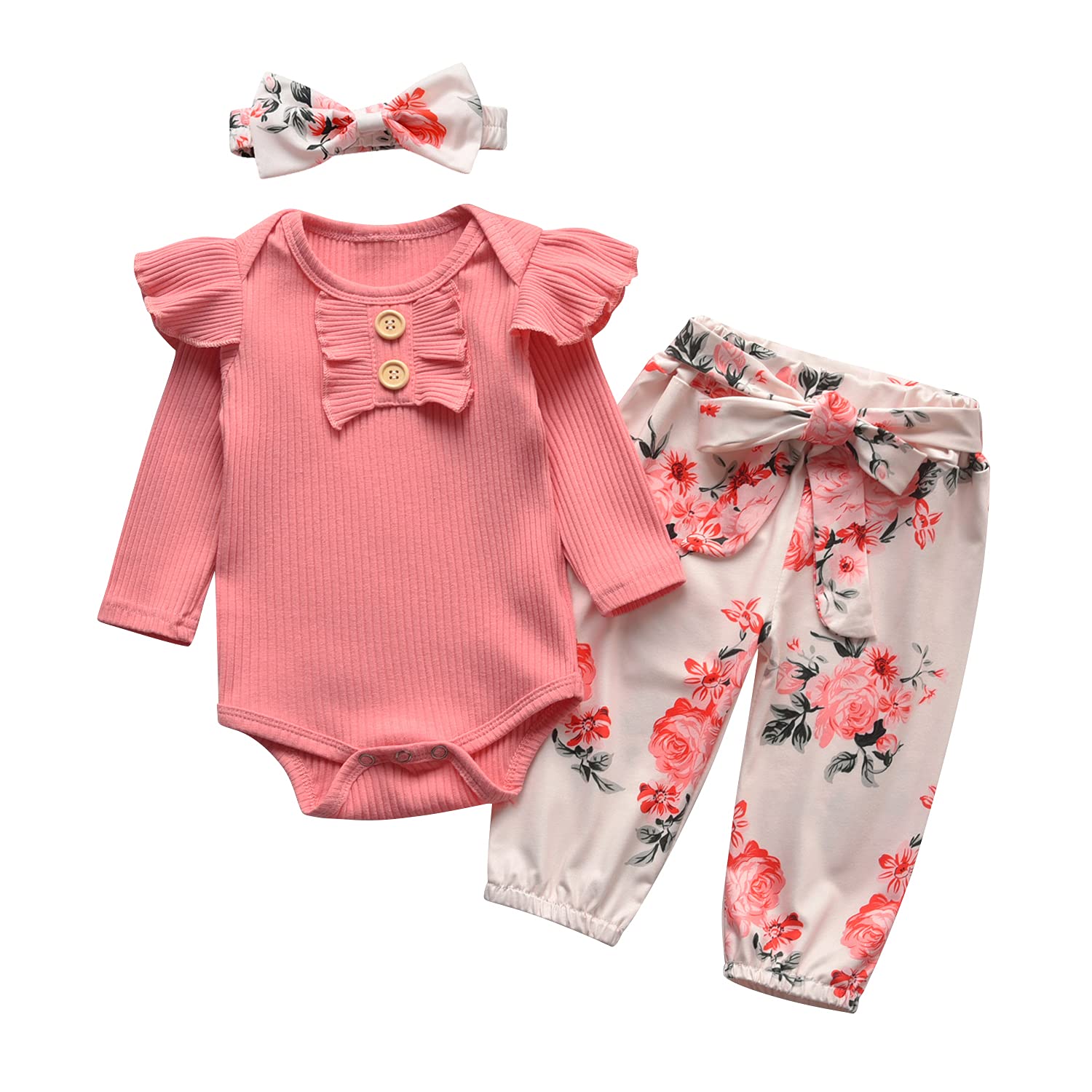 Adorable Newborn Baby Girl Outfit Set - Ruffle Long Sleeve Romper & Floral Pants with Headband (3PCS) | Perfect for Photoshoots, Birthday Parties & Special Occasions
