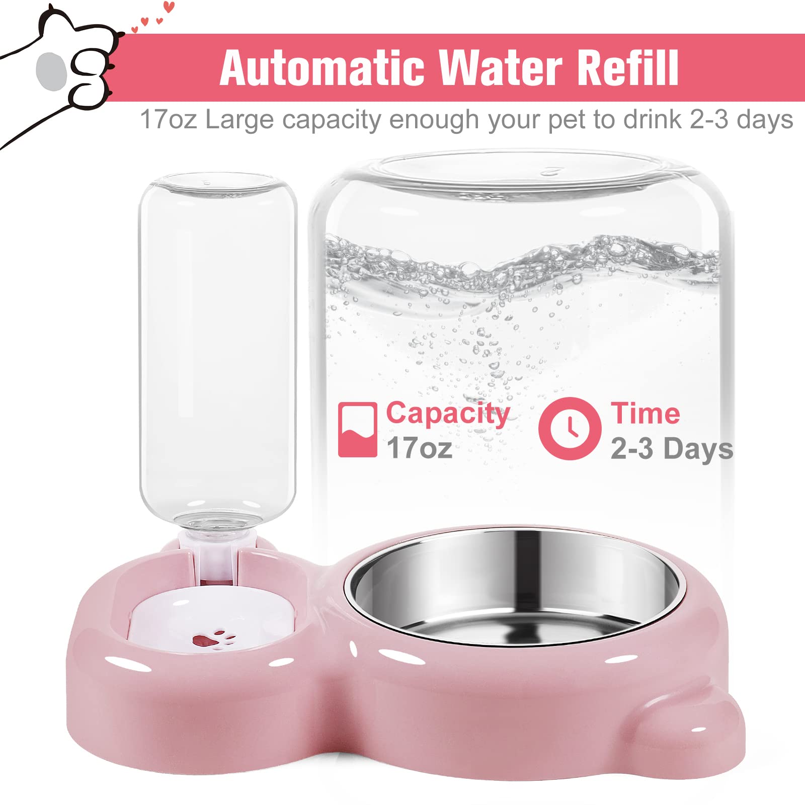 Stainless Steel Cat and Small Dog Bowls Set with Water Dispenser - Non-Slip Pet Food and Water Dishes for Indoor/Outdoor Use - Pink (Perfect for Home, Travel, and Outdoor Adventures)