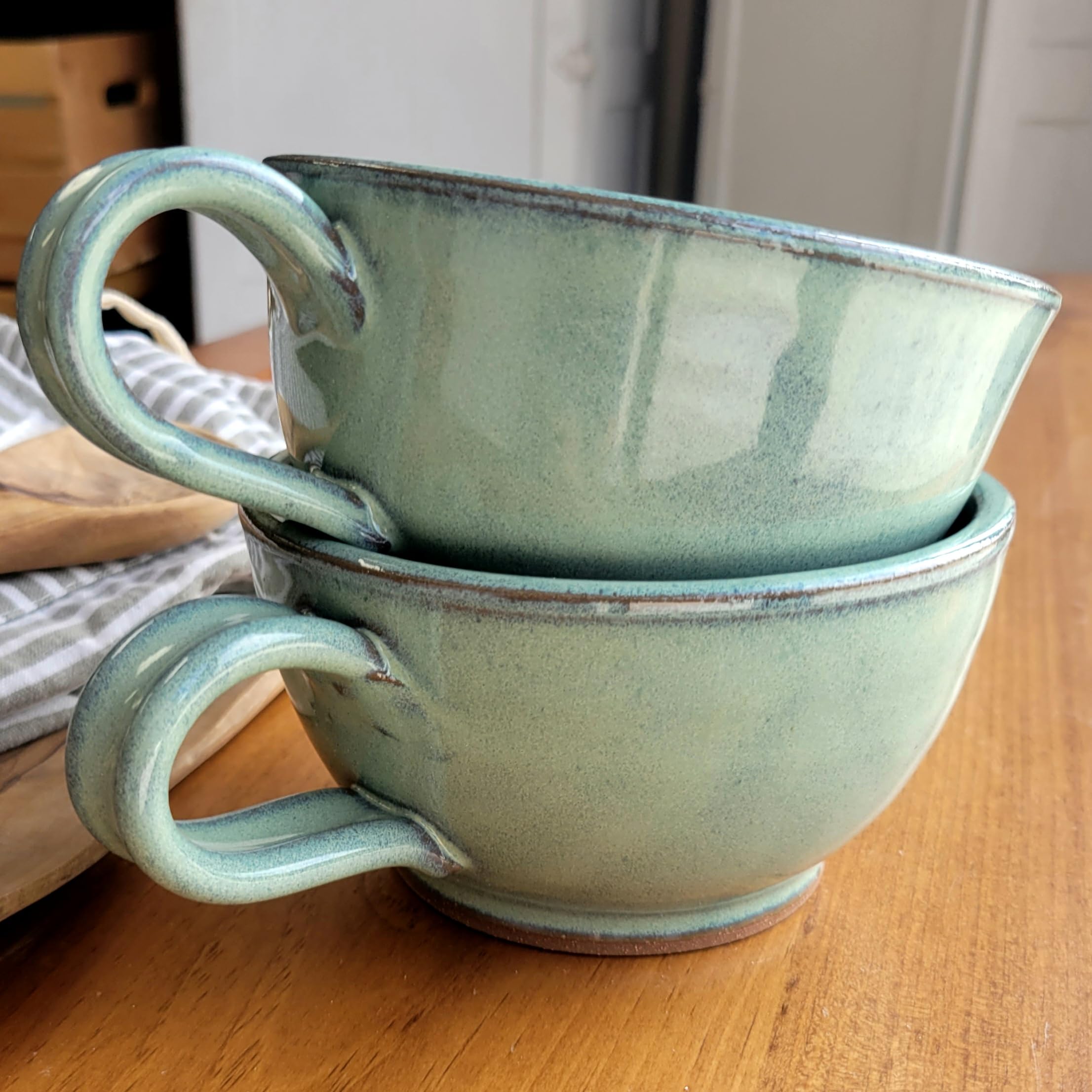 Farmhouse Style Soup Bowls with Handles - Set of 2 Deep Large Ceramic Bowls for Chowder, Stew & Soup - Handmade Pottery Kitchen Decor (Green) - Perfect for Rustic Dining, Soup Parties & Cozy Kitchen Decor
